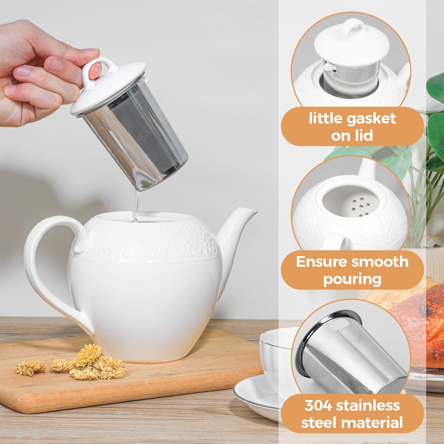 ComSaf Tetera de porcelana con infusor extraíble y tapa de 33.8 fl oz (4-5 tazas), tetera grande con infusor de malla fina de acero inoxidable,
