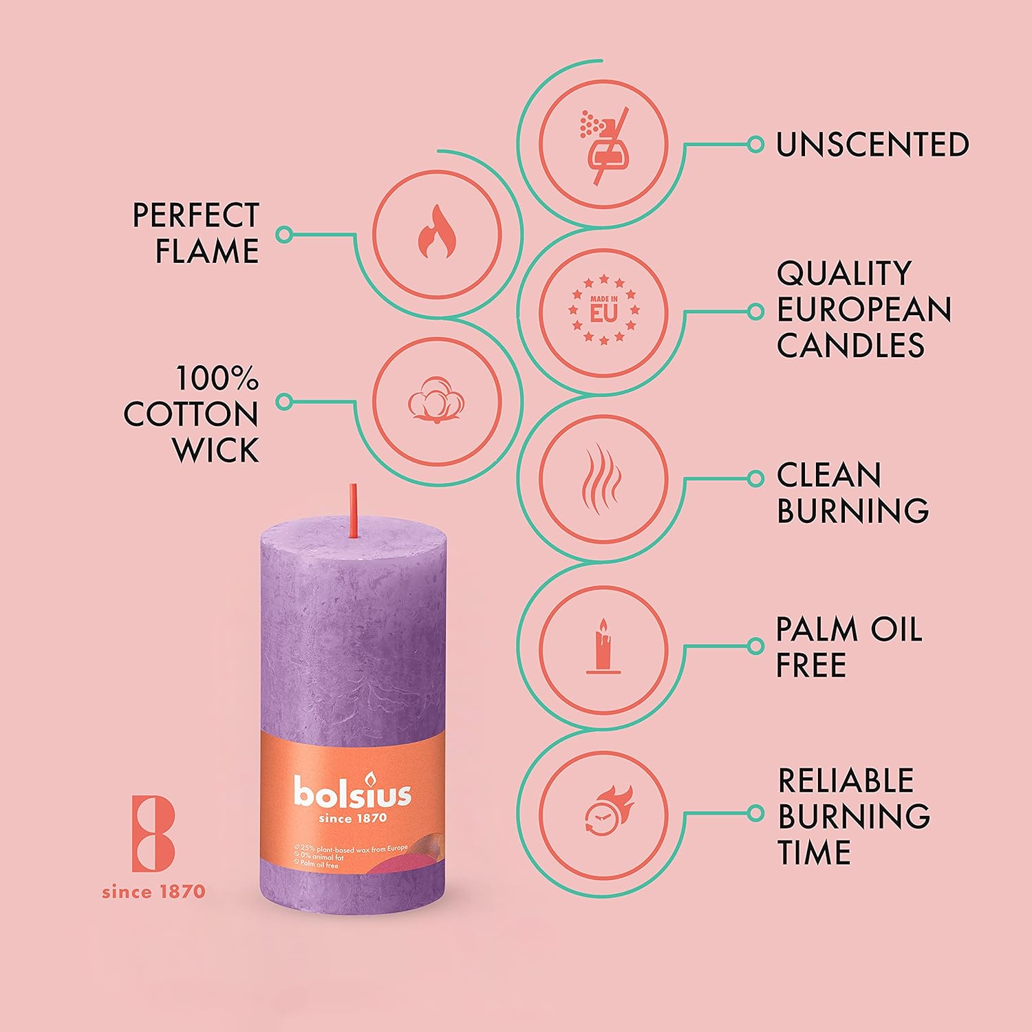 BOLSIUS Paquete de 4 velas rústicas de pilar violeta vibrante (púrpura), 2 x 4 pulgadas, calidad europea premium, incluye cera natural a base de