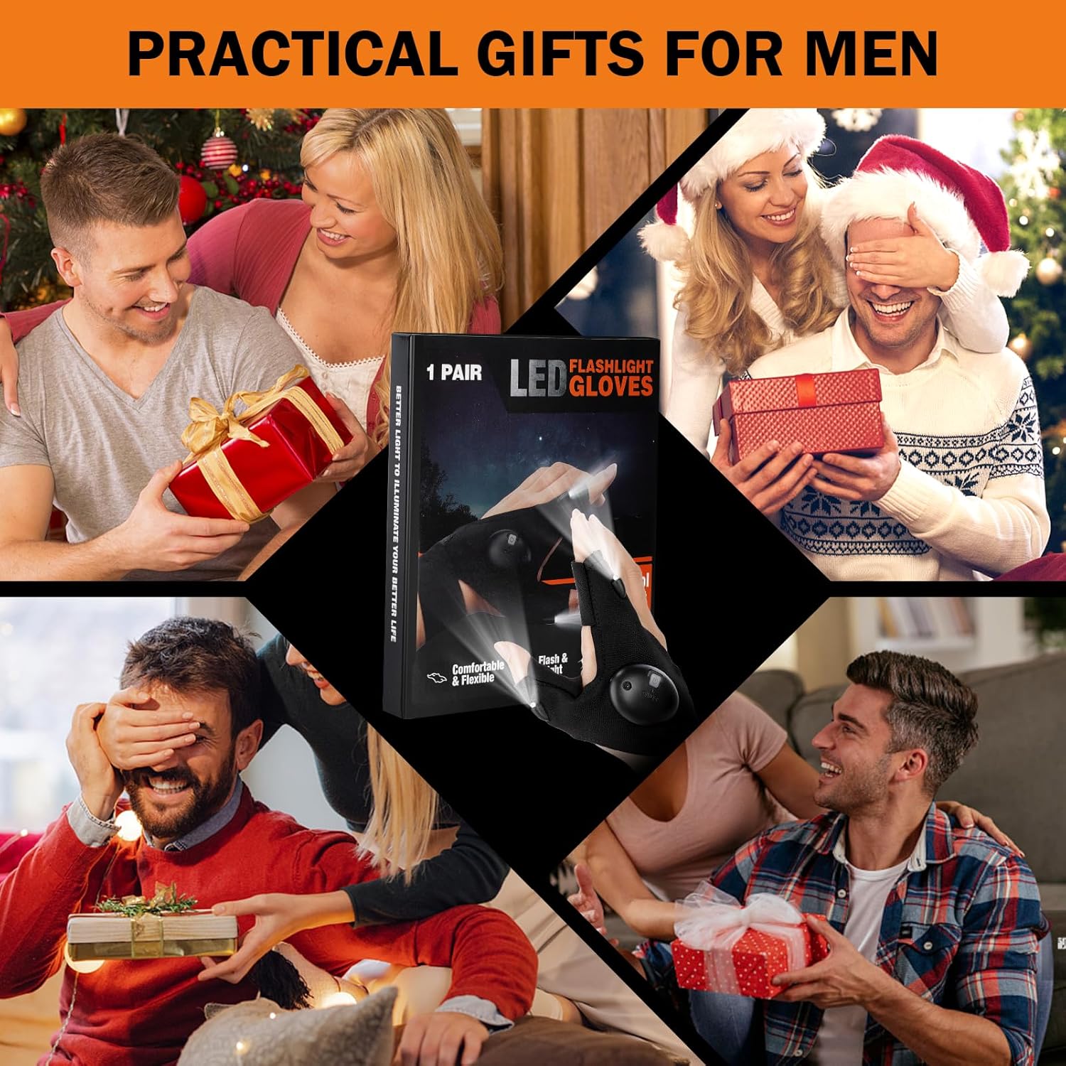 CENSGO Guantes con linterna LED, regalos para hombres, luces manos libres para papá, Navidad, Día del Padre, regalos de cumpleaños, guantes LED para