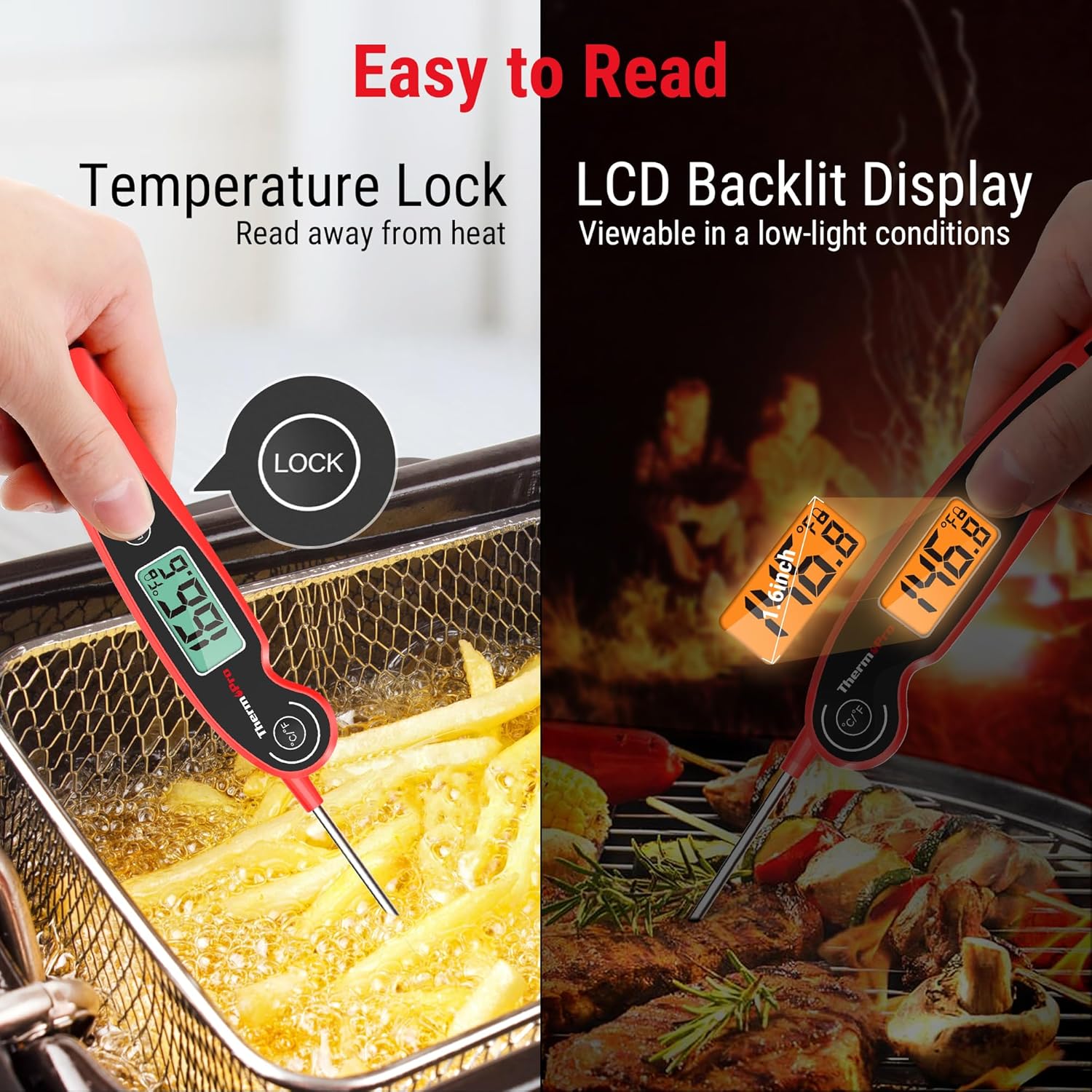 ThermoPro TP605 Termómetro de carne de lectura instantánea para cocinar, termómetro digital impermeable para alimentos con gran pantalla LCD