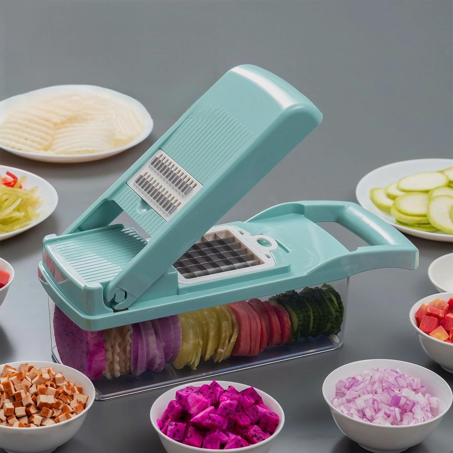 Cortador de verduras definitivo picador multifuncional 14 en 1 con recipiente, rebanar, cortar en dados, espiralizar y rallar para una fácil
