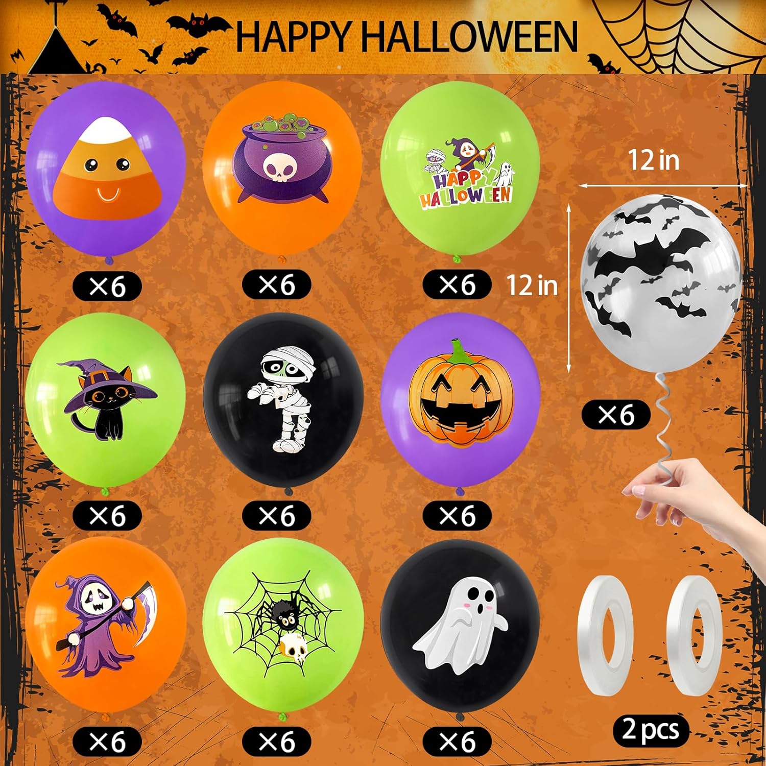 60 globos de fiesta de Halloween, globos de látex de Halloween de 12 pulgadas, globos de Halloween con calabaza, murciélago, araña, fantasma para