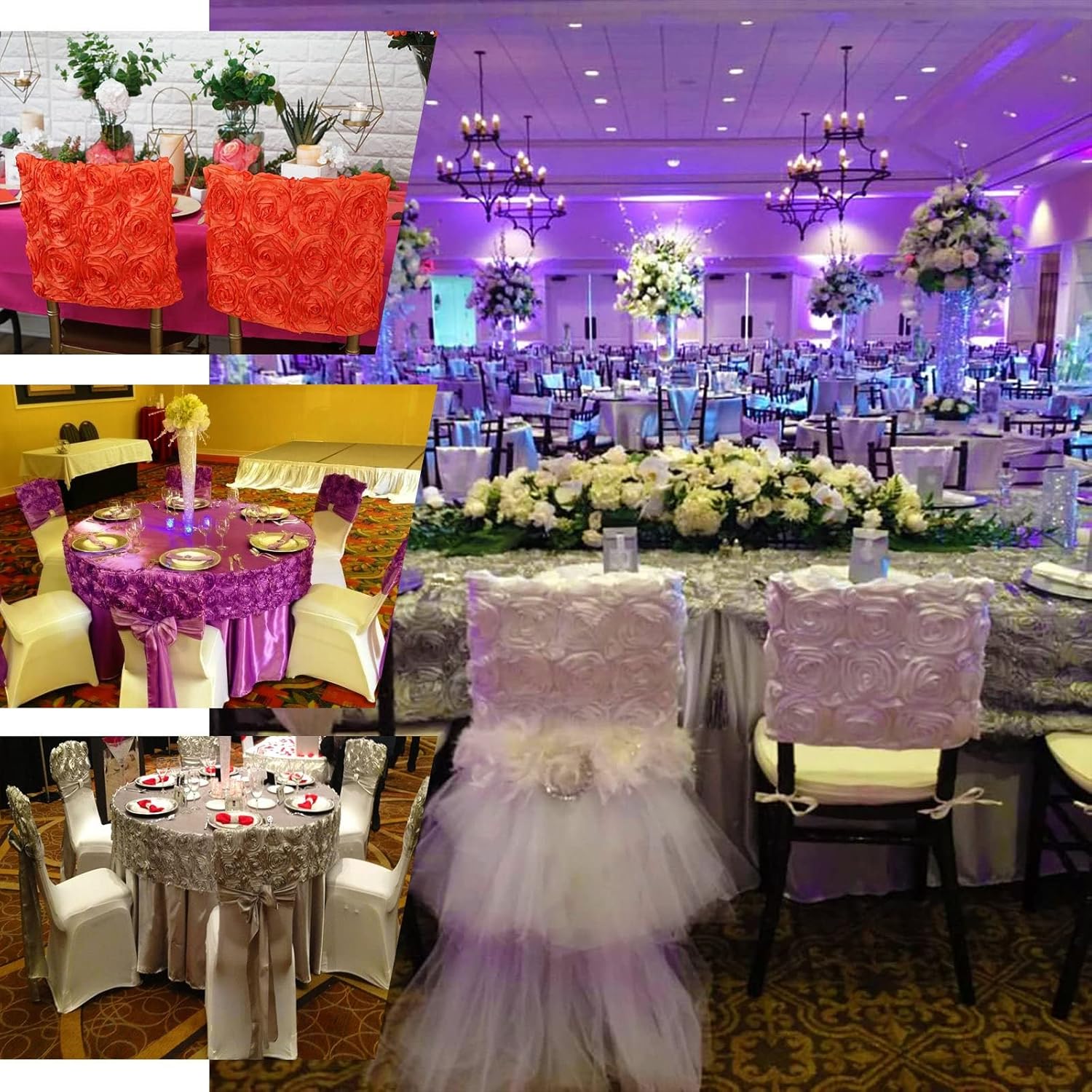 Efavormart – 10 fundas de satén con roseta 3D para silla, Chivari, cuadradas, para catering, boda, fiesta, decoración, color plateado