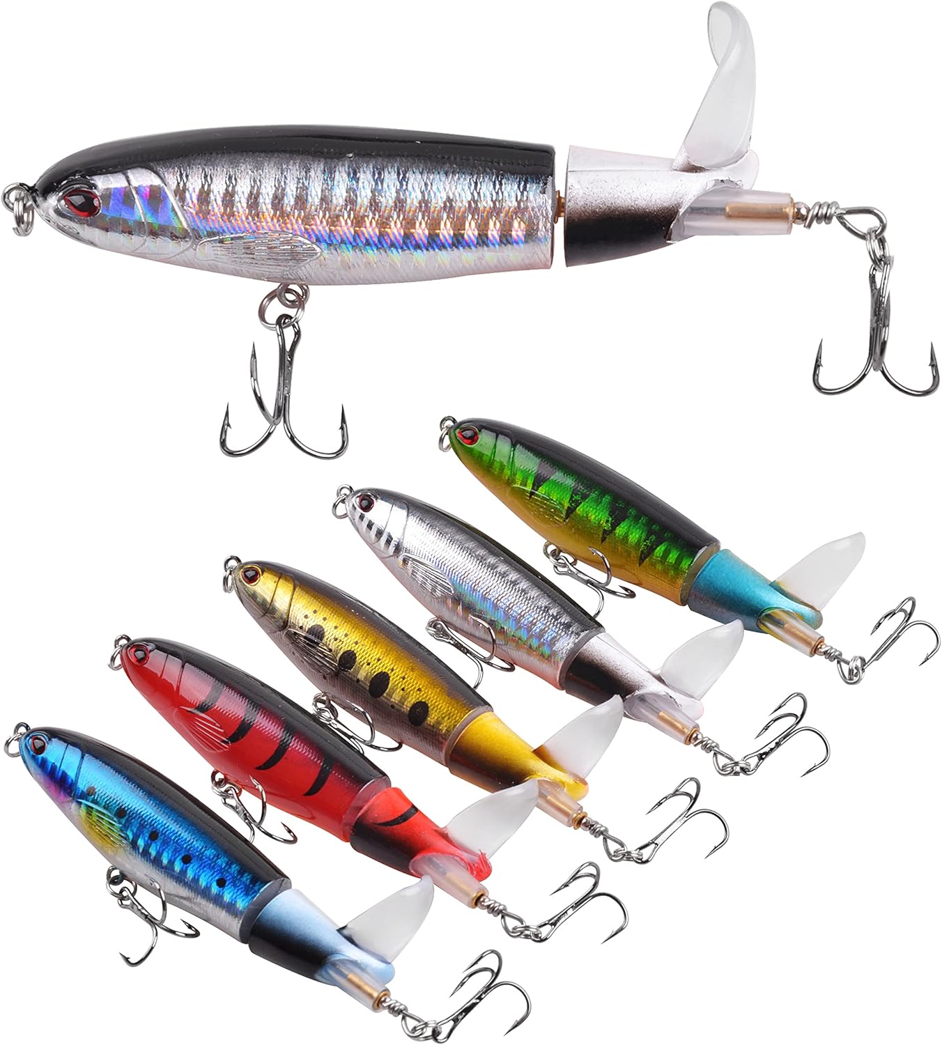 Topwater – Señuelo de pesca de lubina, 5 señuelos de pesca Plopper, minnow con cola giratoria flotante, kit de señuelos para agua dulce y salada,