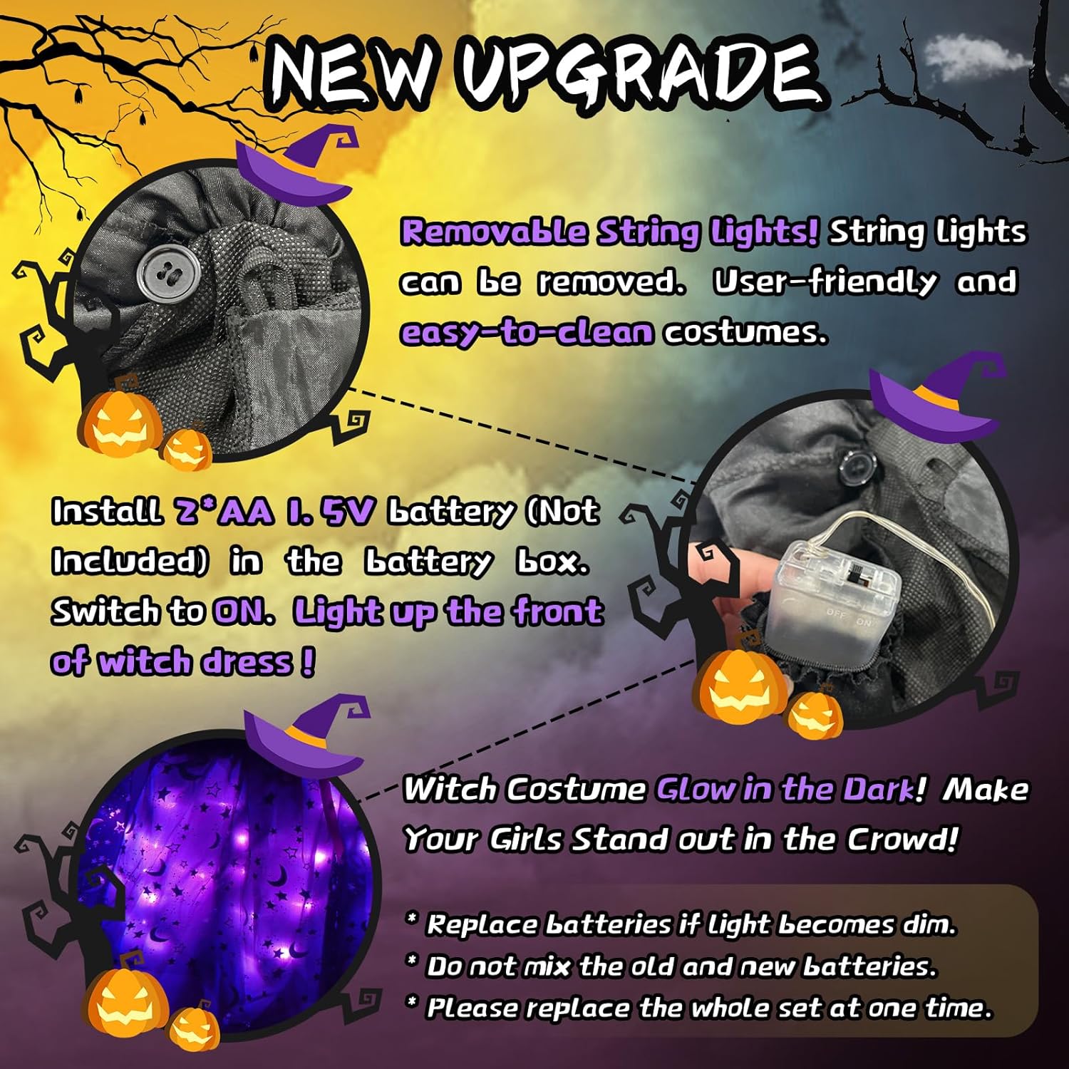 Disfraz de bruja iluminada para niñas, disfraces de bruja de Halloween con escoba de bruja, sombrero para regalo de fiesta de Halloween