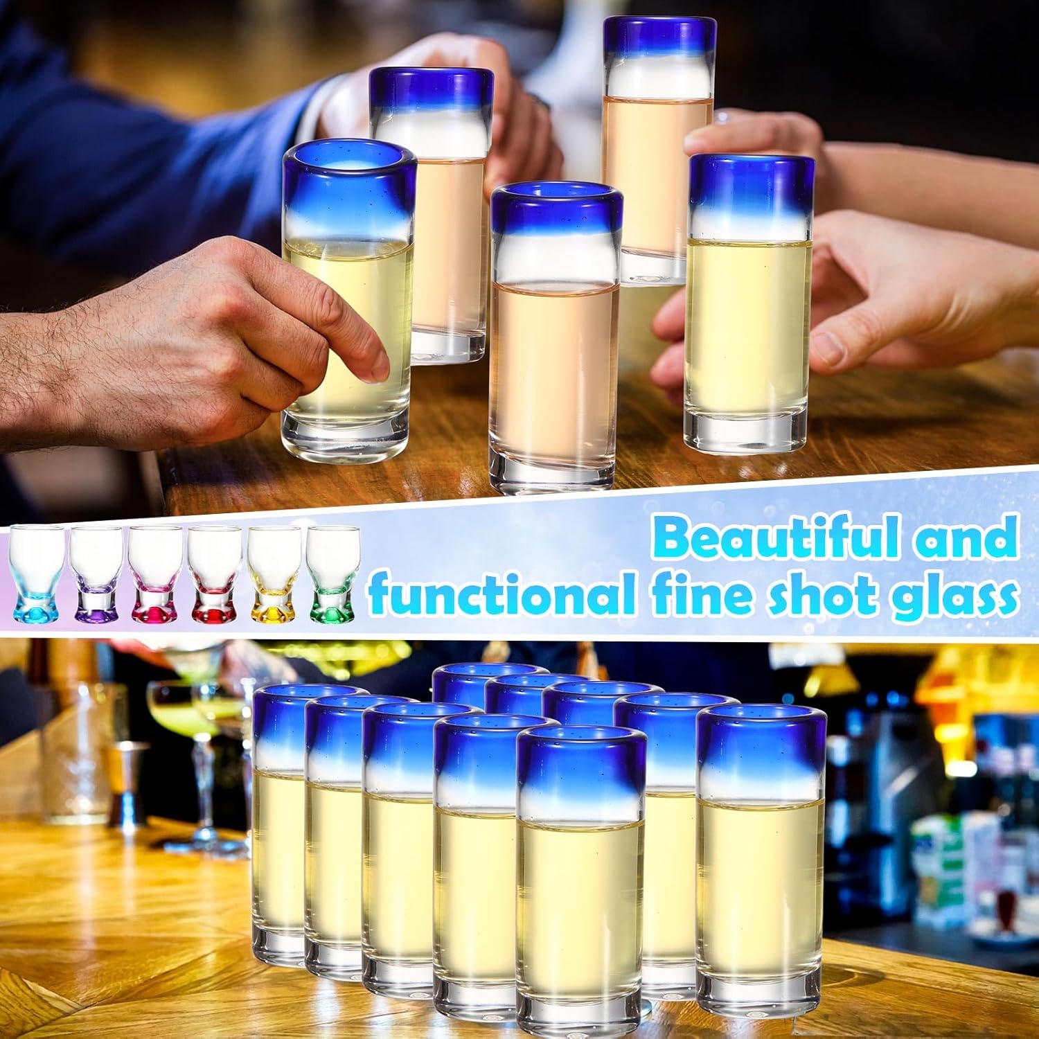 Paquete de 12 vasos de chupito de tequila con borde de cobalto azul de 2 onzas, estilo mexicano, mini copas de vino transparentes a granel, vasos