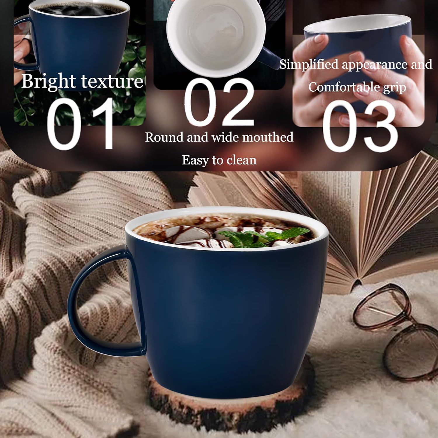 Porcelain Mug 30 OZ, Oversized Soup Cup or Jumbo Mug for Coffee, Oatmeal, Gumbo, Salad, Microwave and Oven Safe, Cool Blue