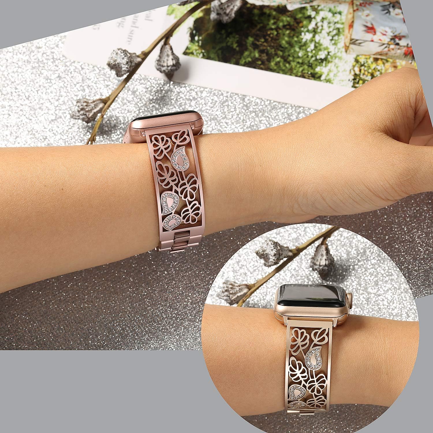 Secbolt Correas brillantes de flores talladas compatibles con Apple Watch Band 1.496 in 1.575 in 1.614 in 1.654 in 1.732 in 1.772 in iWatch Series