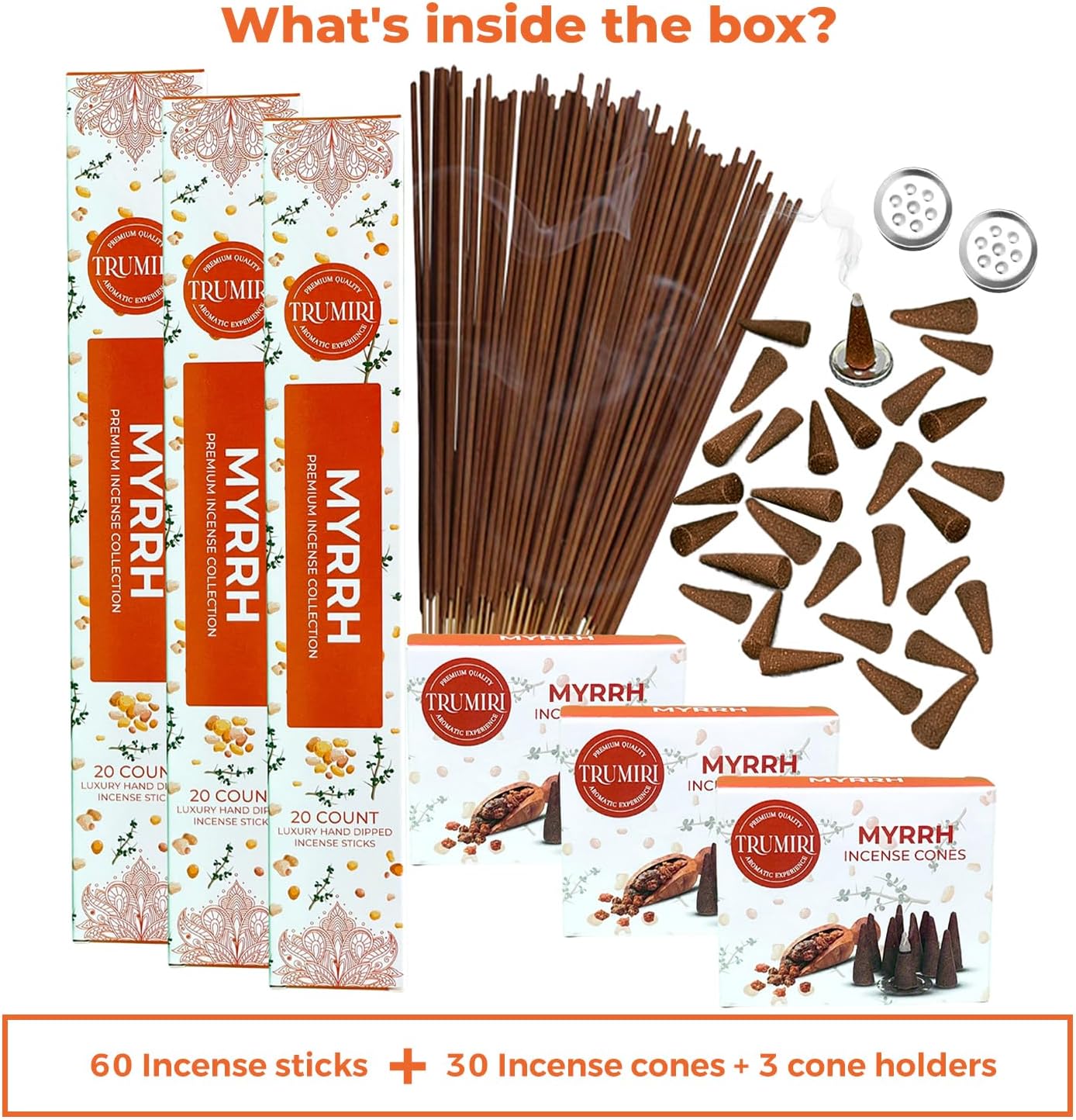 Paquete combinado de varillas de incienso perfumadas de mirra y conos de incienso  60 varillas de incienso + 30 conos de insencia  Inscienso  Conos