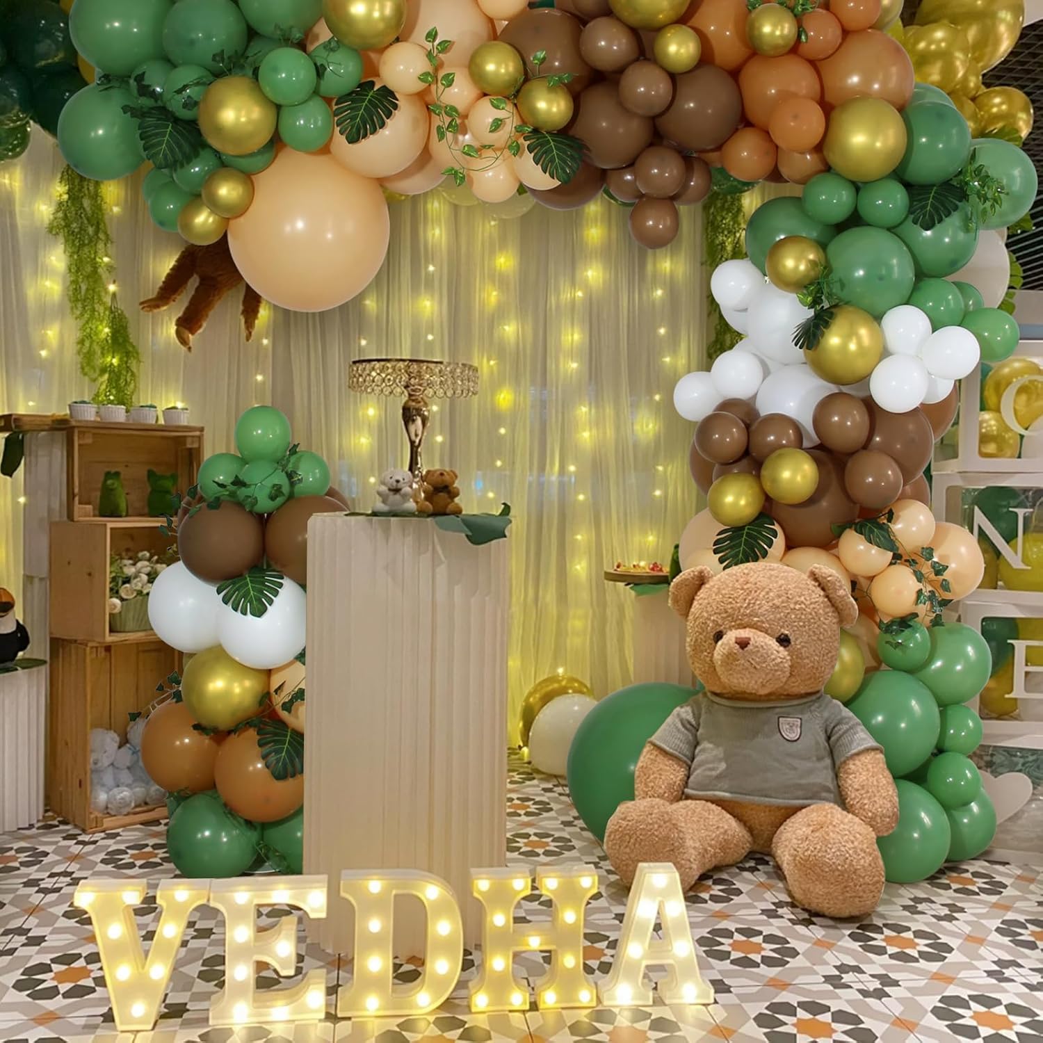 Kit de guirnalda de globos verde salvia y marrón, arco de guirnalda de globos de bosque salvaje, arco de guirnalda de globos retro verde dorado café