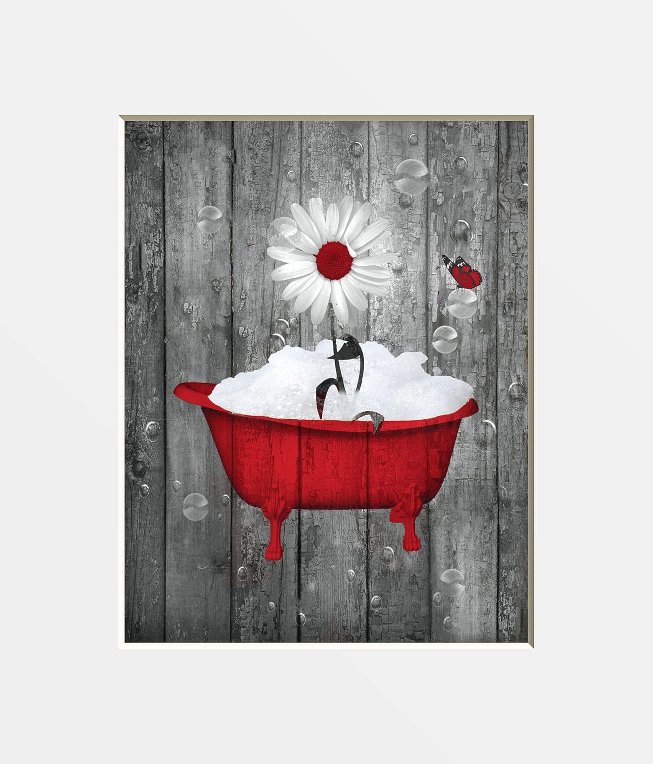 Bathroom Wall Decor, Red Rustic Daisy Flower Vintage Tub Modern Farmhouse Matted Wall Art Picture (8×10 photo with 11×14 mat, Red)
