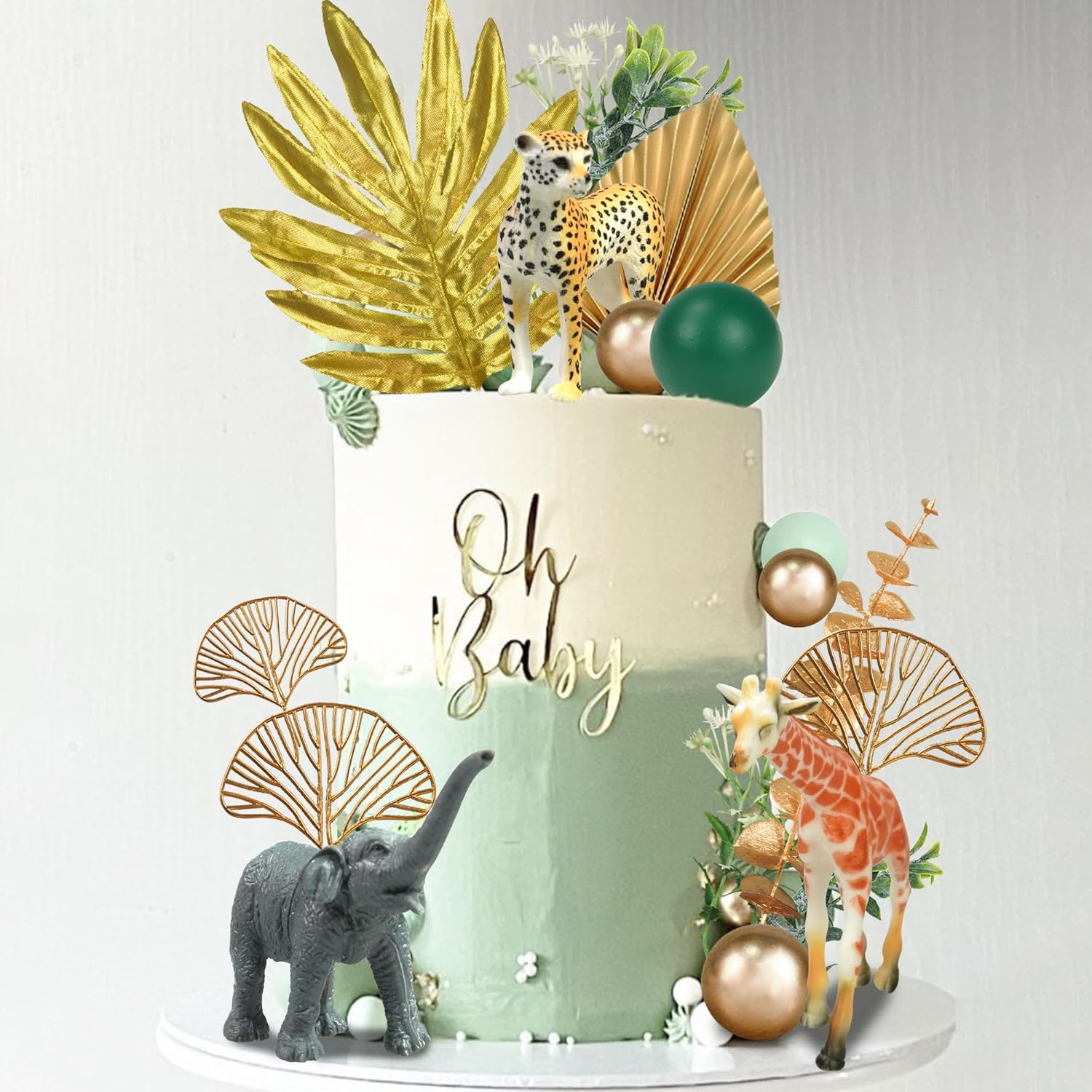 26 piezas de animales de la selva para tartas de animales de safari, figuras de animales dorados, palmas doradas, decoración de pasteles de animales