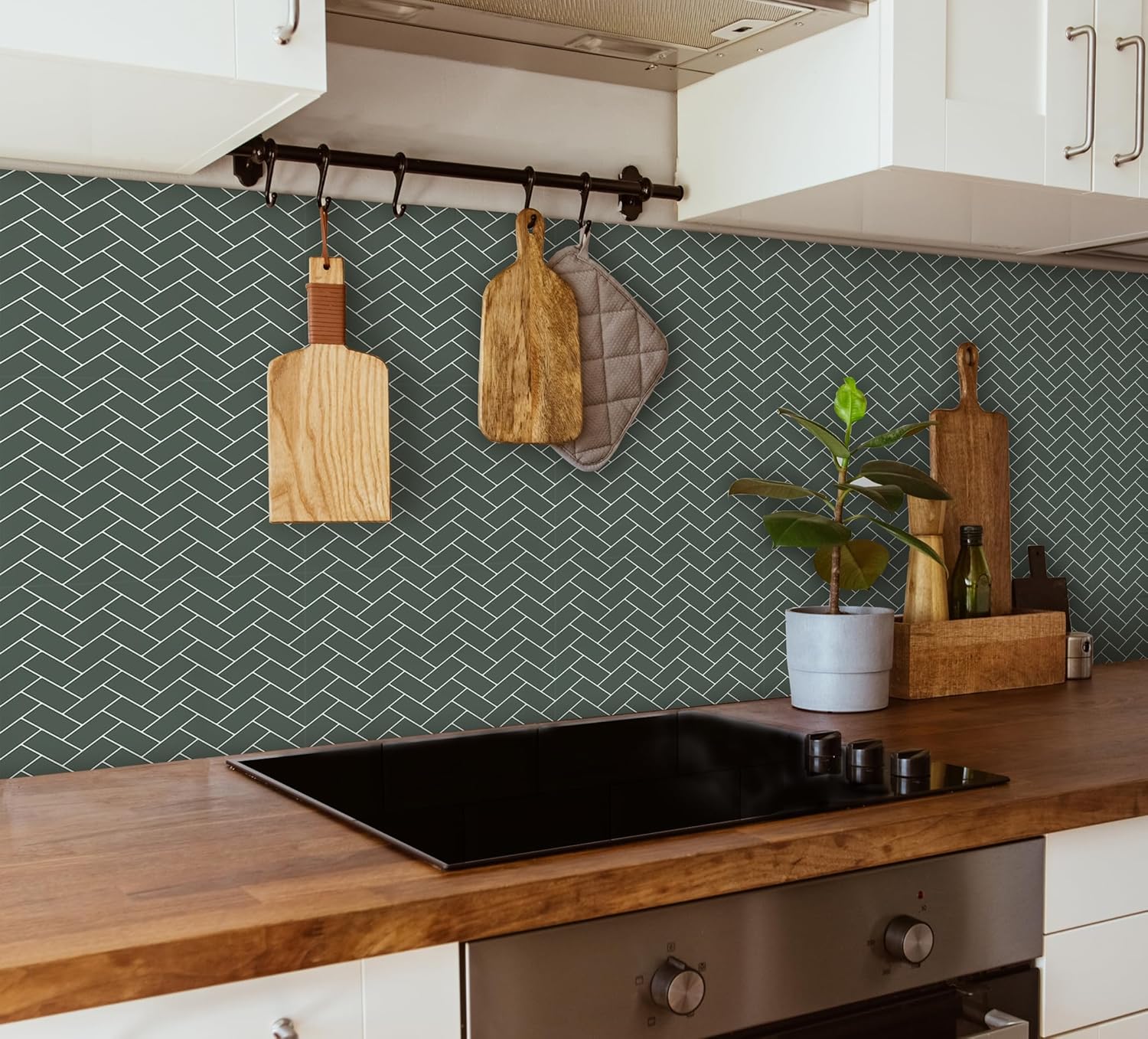 WOOHOOROO Home Kitchen Backsplash – Azulejos de ladrillo de espiga verde para despegar y pegar, adhesivo autoadhesivo para pared, decoración