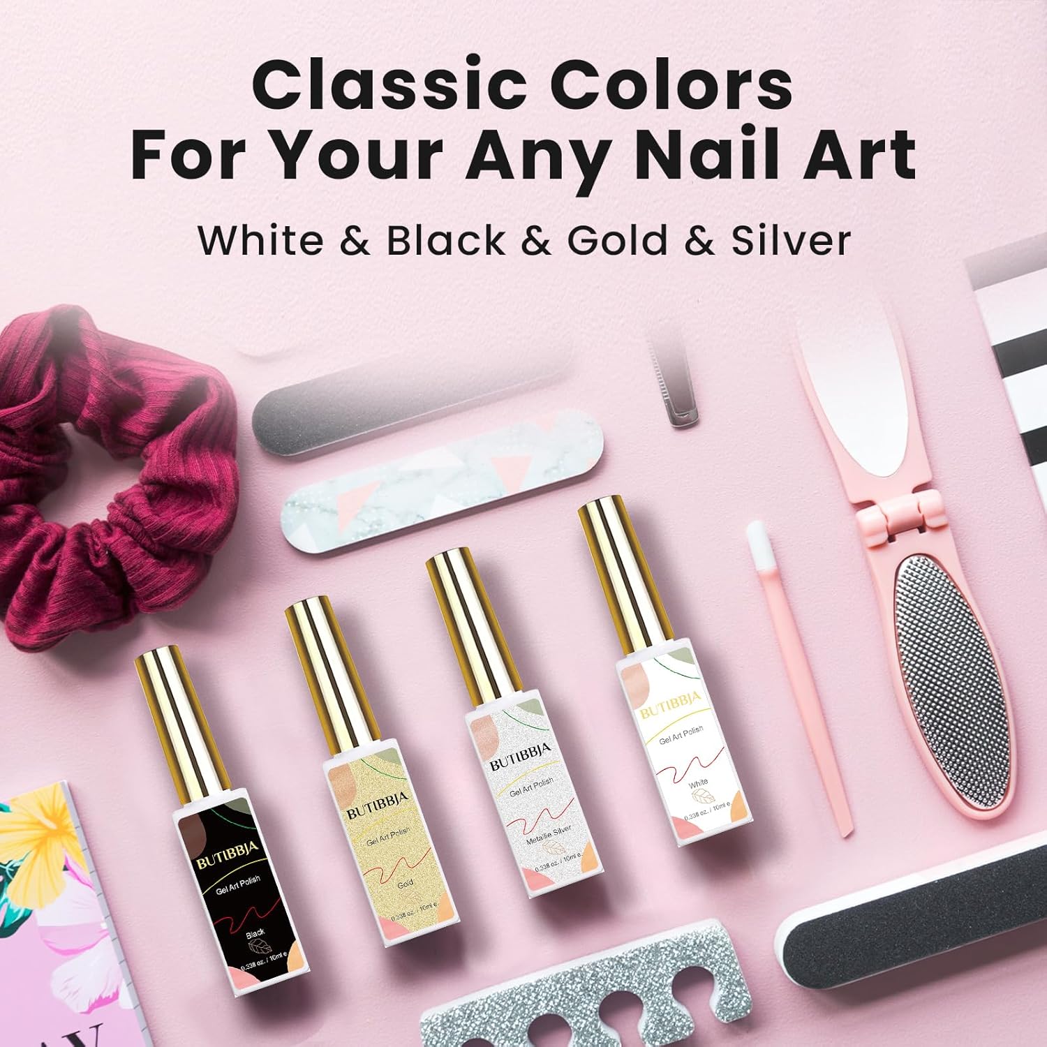 Juego de 4 esmaltes de gel para arte de uñas, colores negro, blanco, dorado, plateado, purpurina, forros de esmalte de uñas de gel con pincel fino