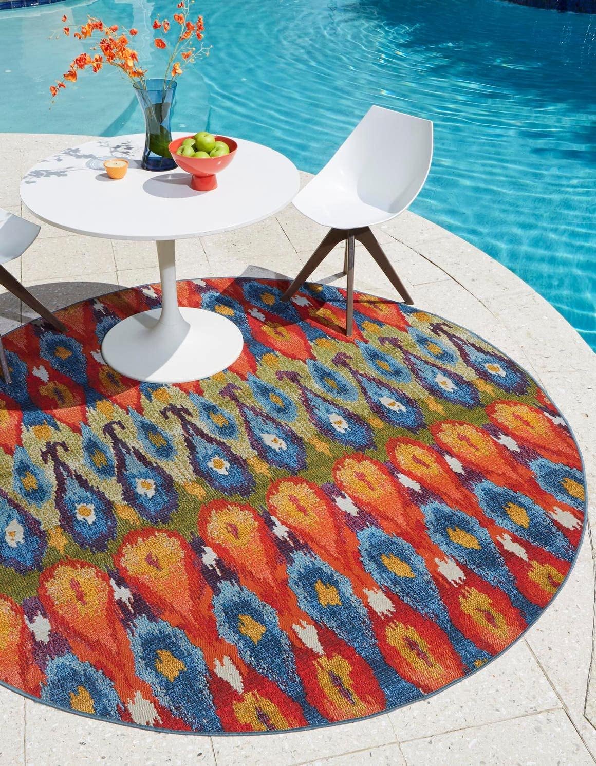 Unique Loom Outdoor Modern Collection – Alfombra Ikat (4 pies 1 pulgada, redonda, multicolor y borgoña)