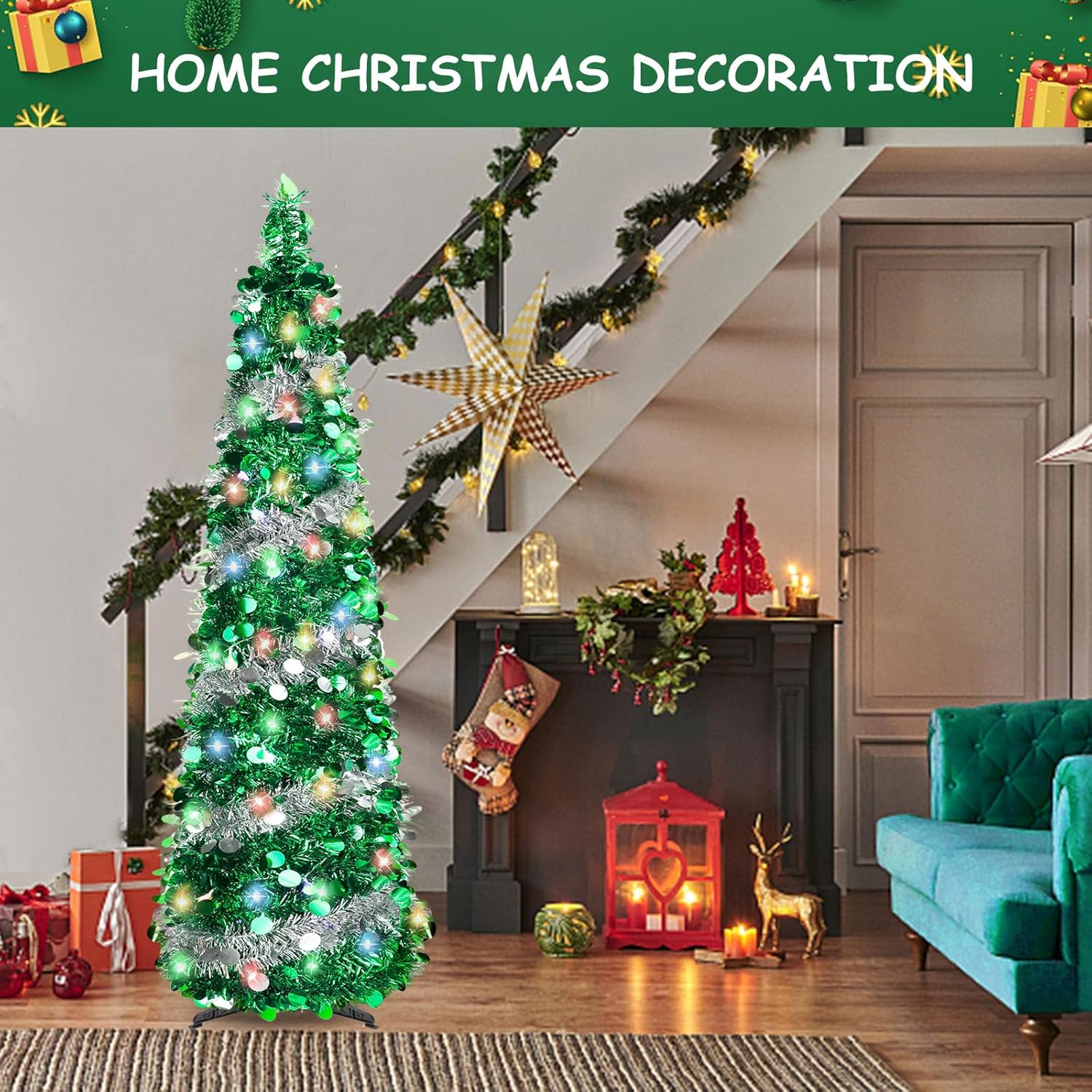 Árbol de Navidad desplegable de 5 pies con 8 modos, 90 decoraciones coloridas de Navidad, árbol de Navidad plegable para interiores y hogar,