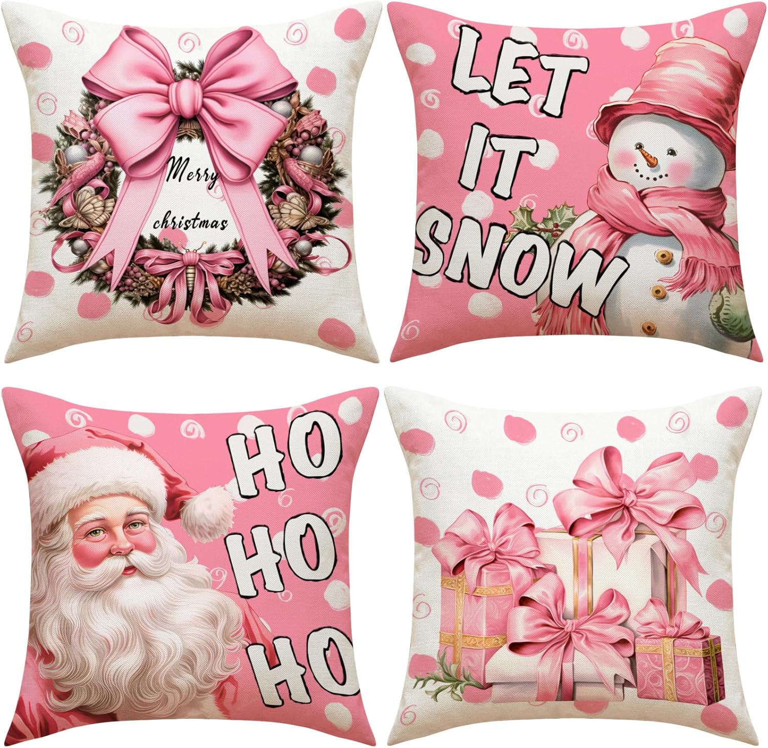 MOJUN Juego de 4 fundas de almohada navideñas de 18 x 18 pulgadas, muñeco de nieve rosa, Papá Noel, corona de Navidad, fundas decorativas para el