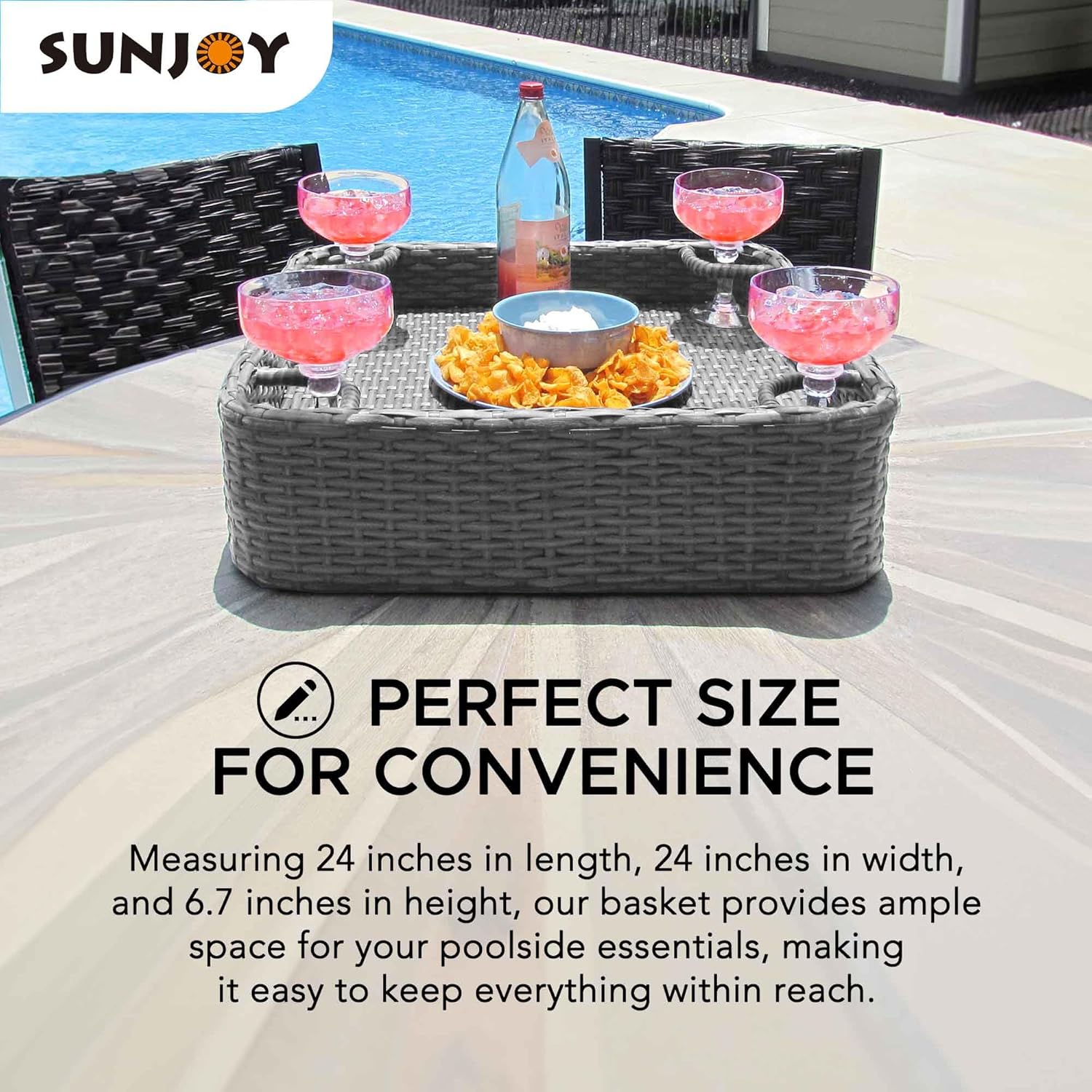 Sunjoy Bandeja flotante de mimbre de 24 x 24 pulgadas. Bandeja de piscina con marco de aluminio, bandeja flotante para servir bebidas, aperitivos y