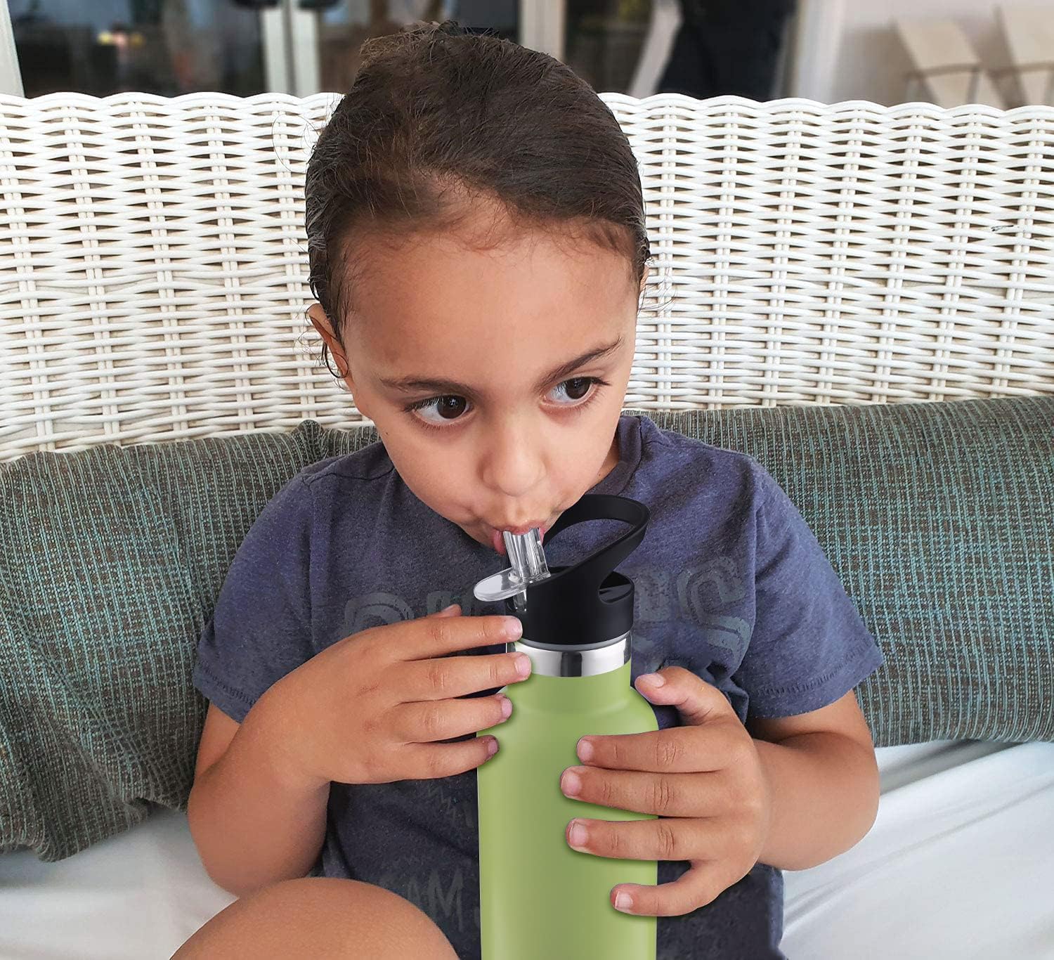 Botella de agua para niños de 12 onzas con tapas de pajilla, botella de metal de acero inoxidable para niñas y niños