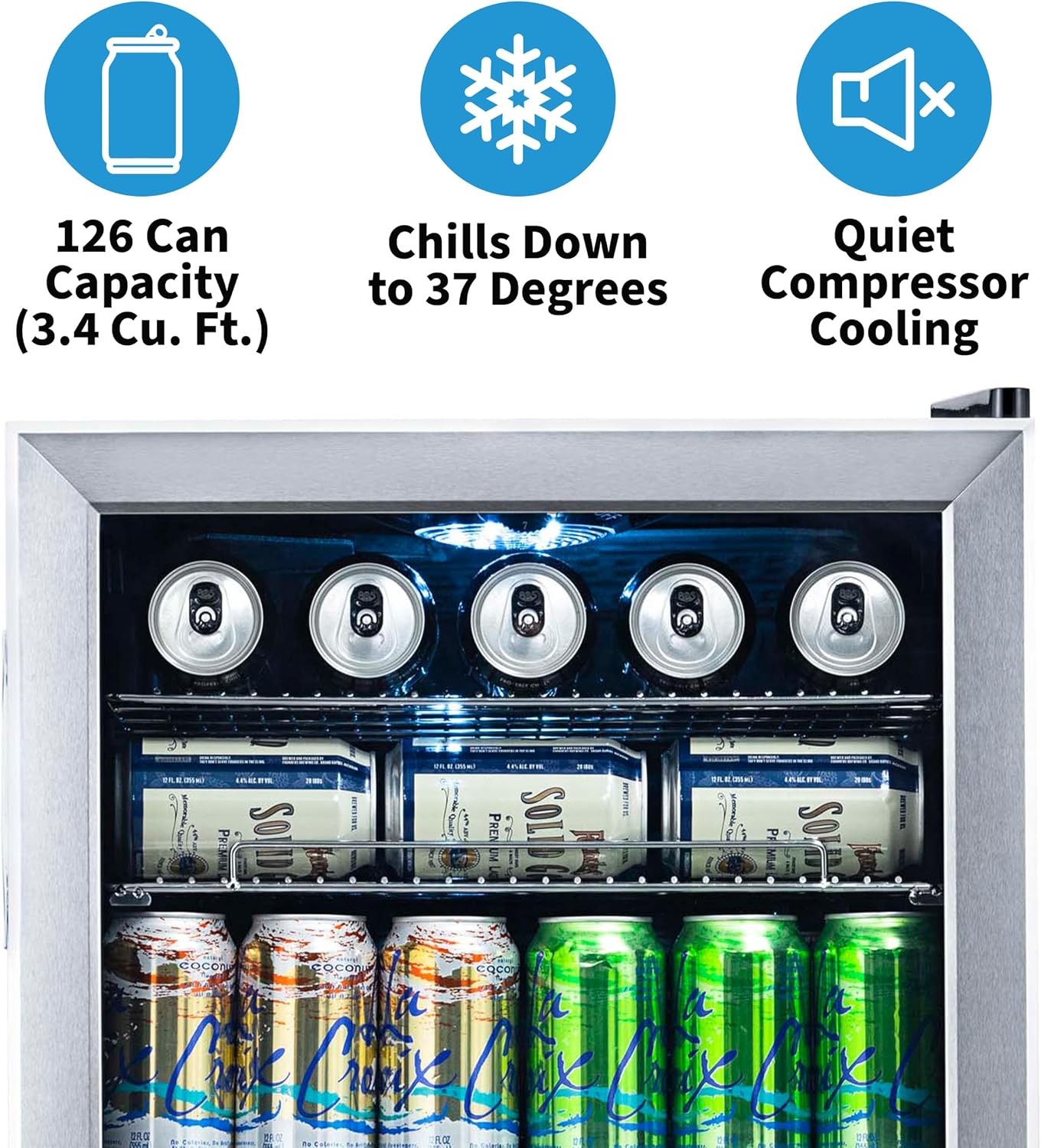 NewAir Refrigerador de bebidas  126 latas de pie independiente con puerta de vidrio con bisagra derecha  Mini refrigerador organizador de bebidas