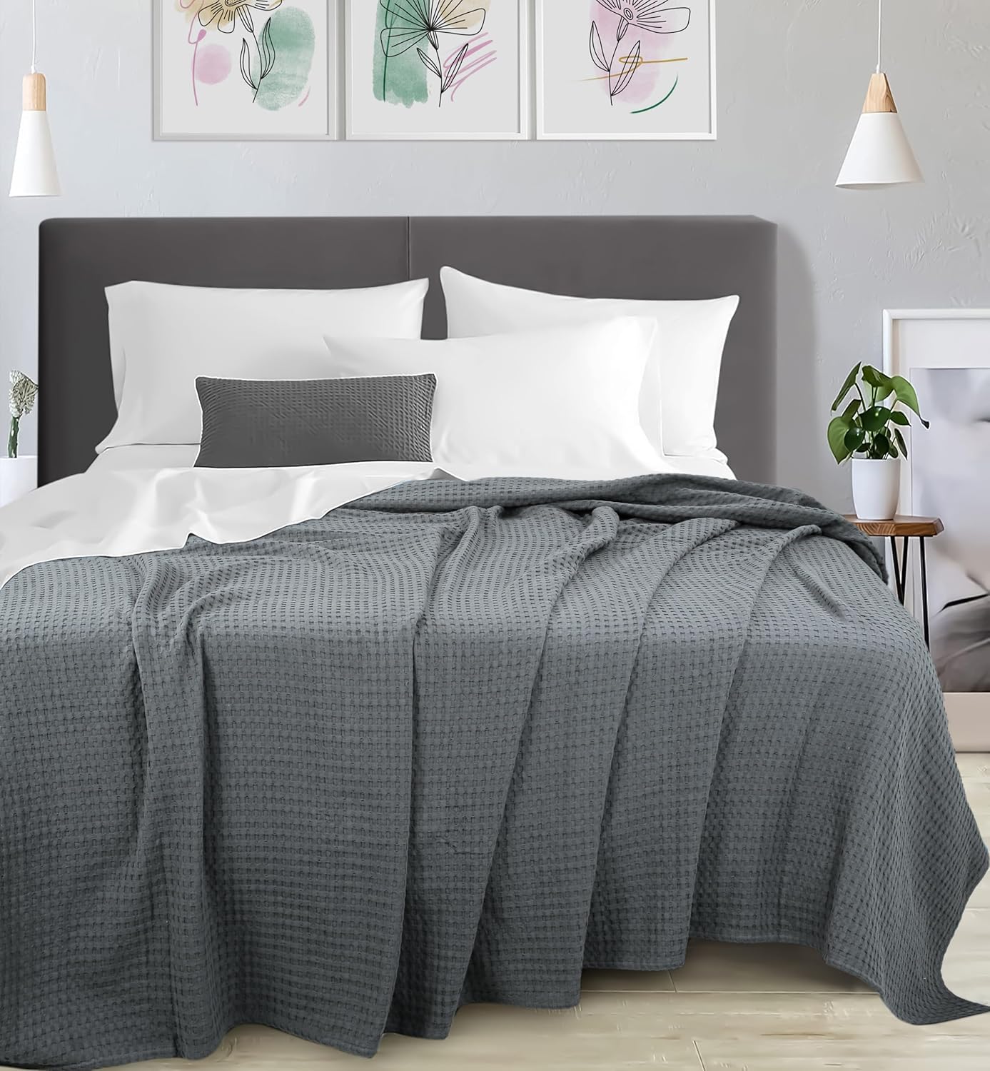 Manta de cama de 100 % algodón de alta calidad, tamaño Queen, color gris oscuro, ligera, transpirable, perfecta para usar en capas, cama, sofá o