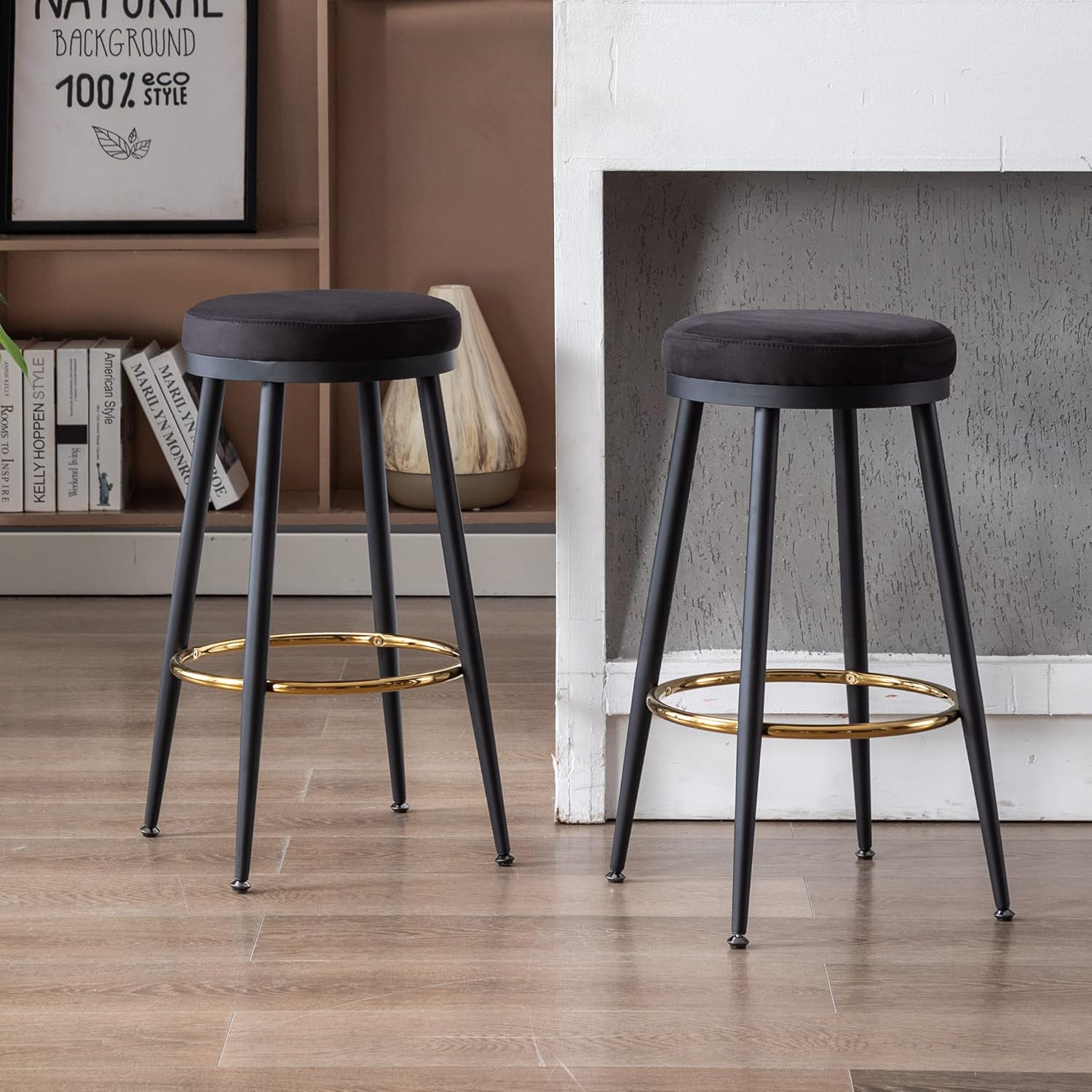 chairus Juego de 2 taburetes de bar de altura de mostrador de 26 pulgadas, moderno taburete sin espalda con reposapiés dorado, cómodas sillas de bar