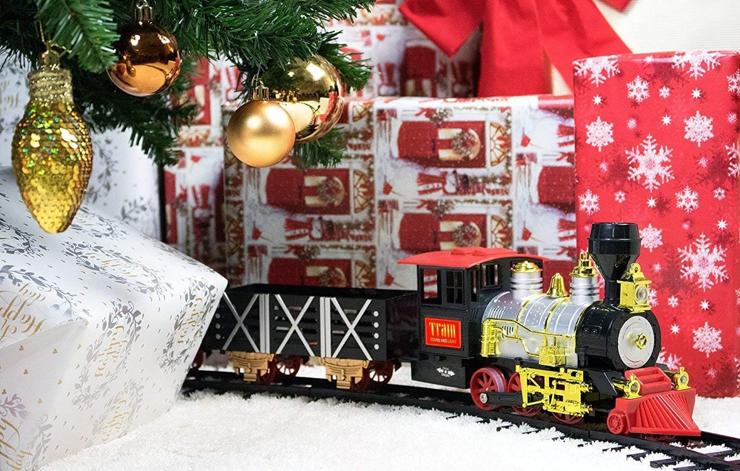 Juego de 20 trenes navideños con 4 vagones de tren, 16 secciones de riel, efectos de luz, sonido y humo, decoración festiva para árbol de Navidad