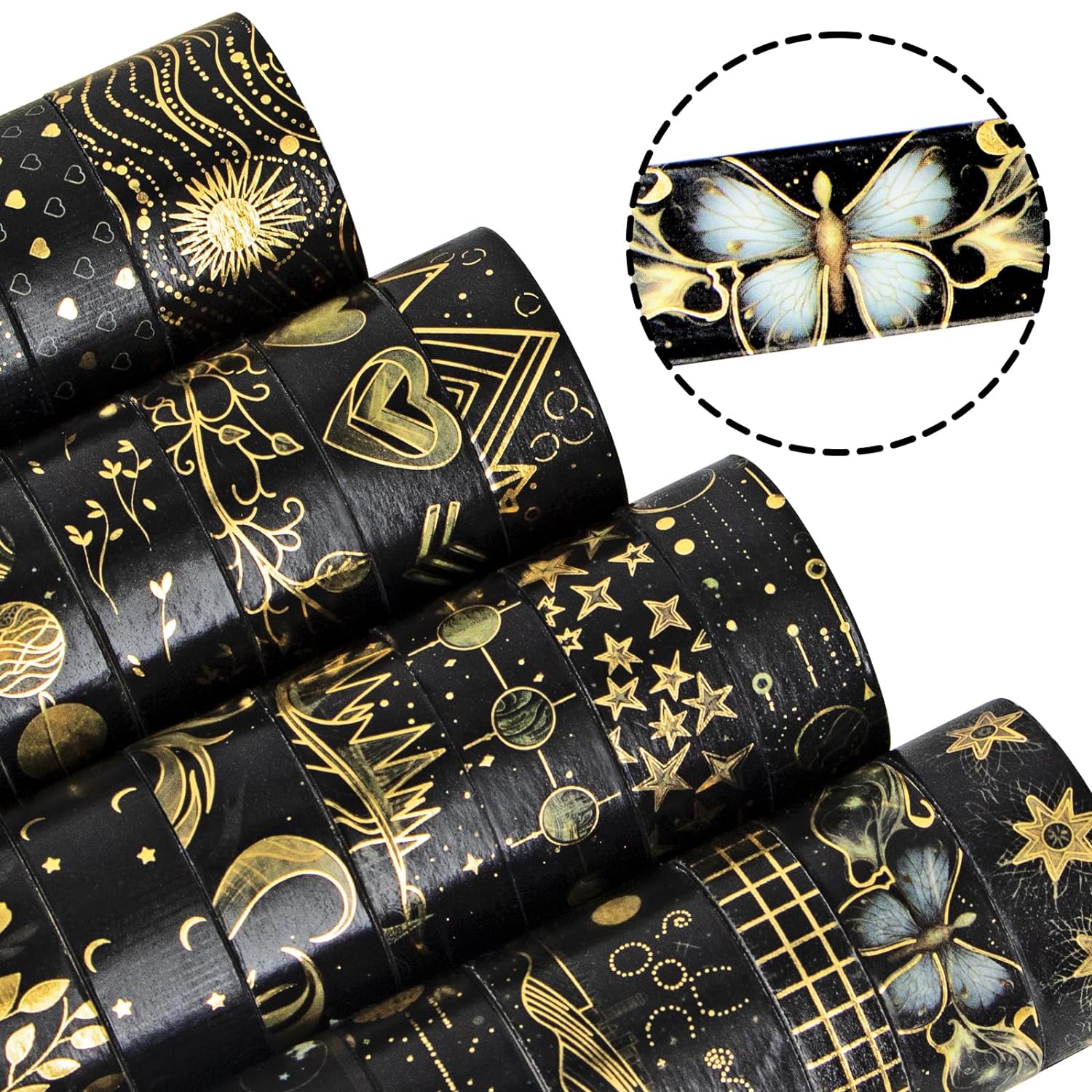 Juego de cinta washi negra, 27 rollos de cinta adhesiva decorativa de lámina dorada negra para diario de viñetas, suministros de álbumes de