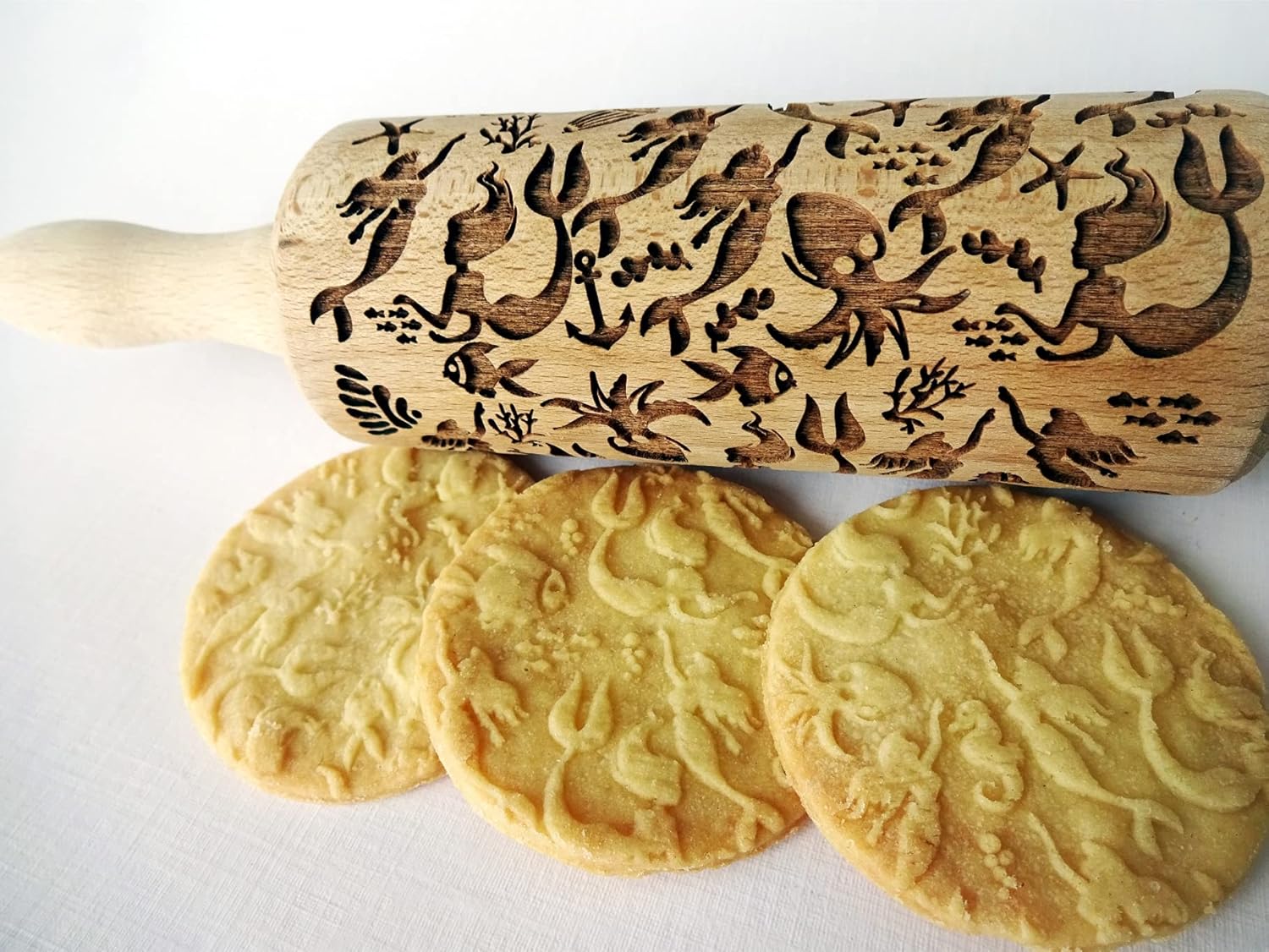 MERMAID Embossing Rolling Pin Laser Engraved Wooden Dough Roller with Ocean Symbols