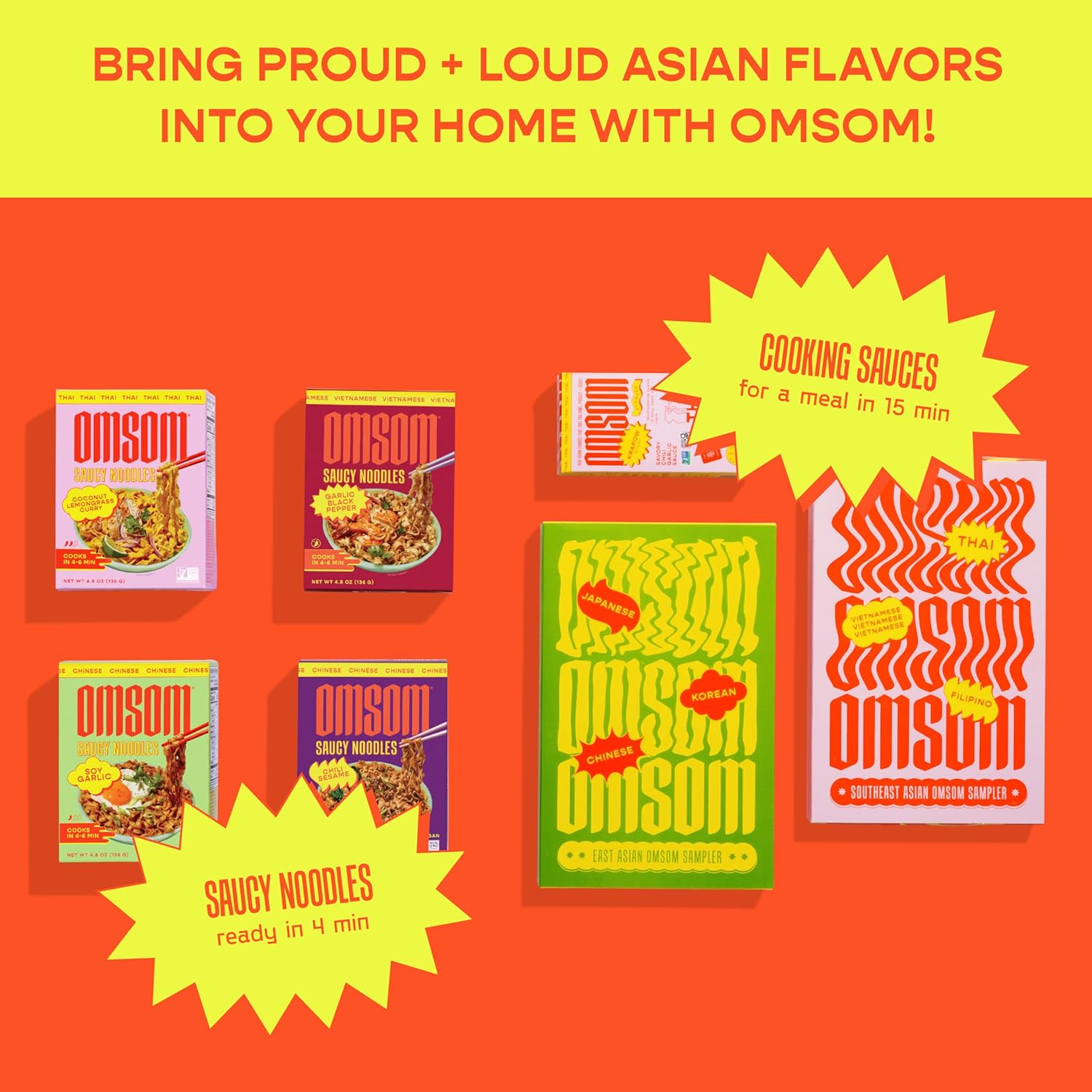 Omsom – Fideos picantes de ají y sésamo de Omsom, fideos instantáneos asiáticos todo en uno y paquetes de salsa a fuego lento para comidas en