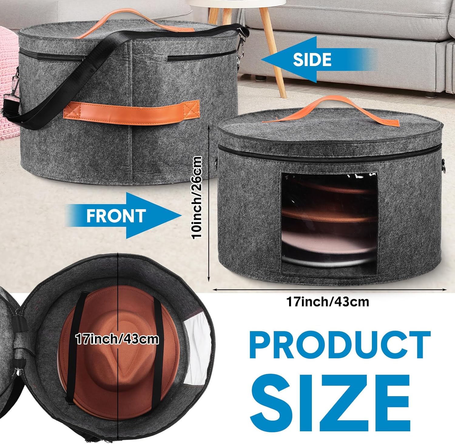 Suzile Paquete de 4 cajas grandes y redondas plegables de fieltro para mujeres, 17 x 10 pulgadas, caja de almacenamiento para sombreros de vaquero
