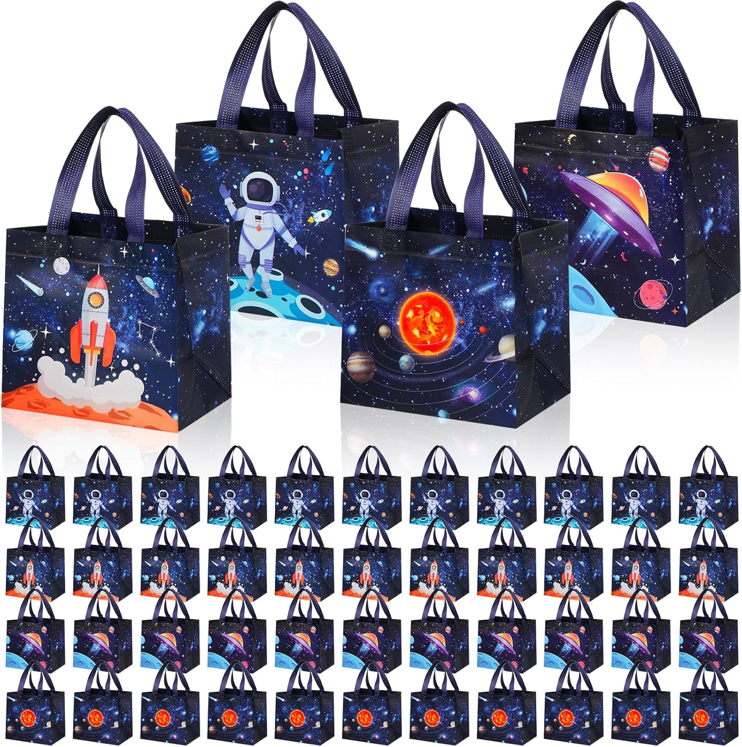 Windyun 48 bolsas de regalo espaciales a granel grandes para espacio exterior, bolsas de recuerdos de fiesta, no tejidas, bolsas de dulces con asas,