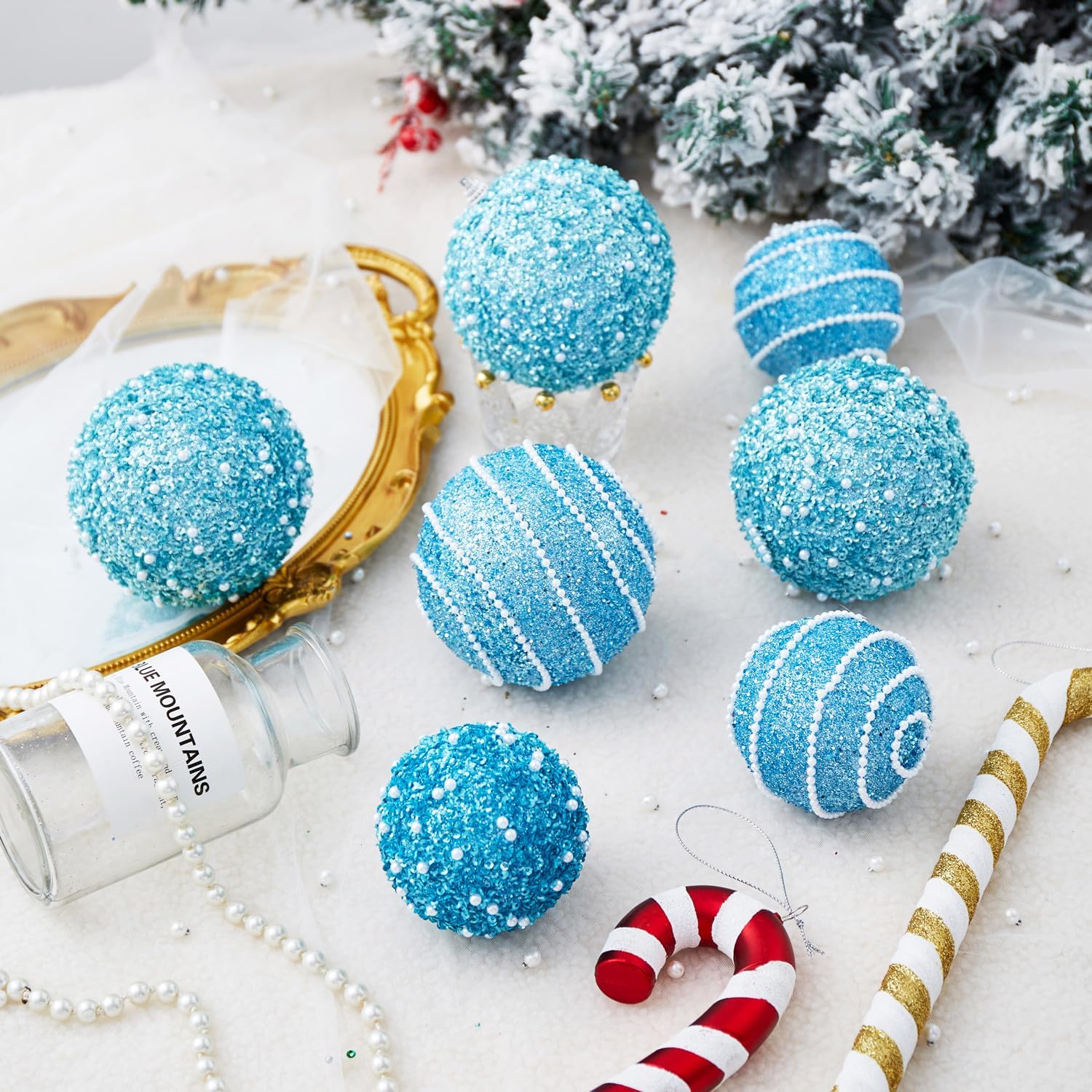 Adornos de bola de Navidad color azul bebé, decoraciones de bolas de Navidad inastillables de plástico colgantes para fiestas de vacaciones (3.543