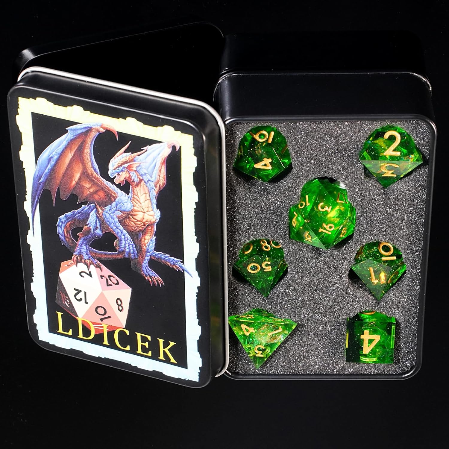 DND – Juego de dados con bordes afilados, 7 dados facetados DND, números dorados y hermosa caja de hierro, perfecto para juegos de rol y juegos de
