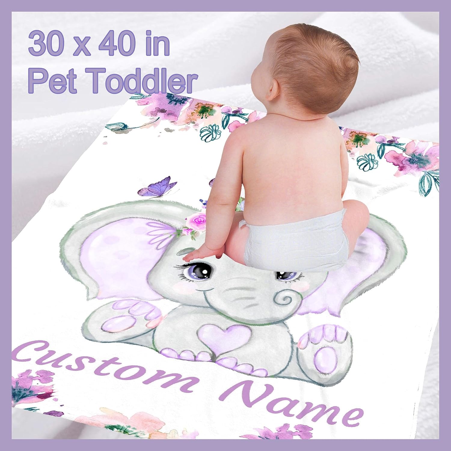 Manta de bebé personalizada con nombre, lindo elefante morado, manta de forro polar personalizada para niñas, niños, baby shower, regalo de
