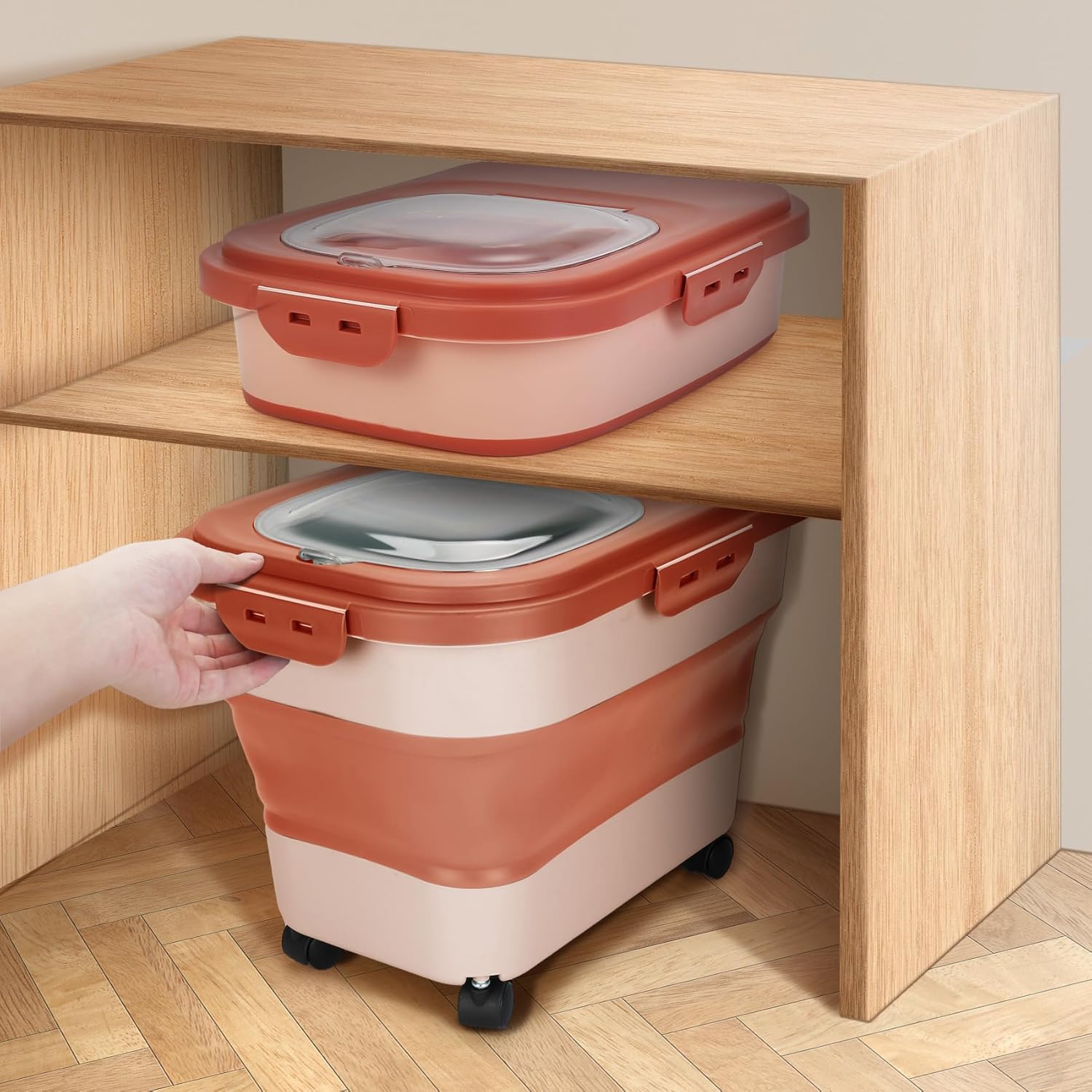 ShineMe Contenedor plegable de comida para perros de 20 libras, caja de almacenamiento de alimentos para mascotas con tapa y ruedas, taza medidora y