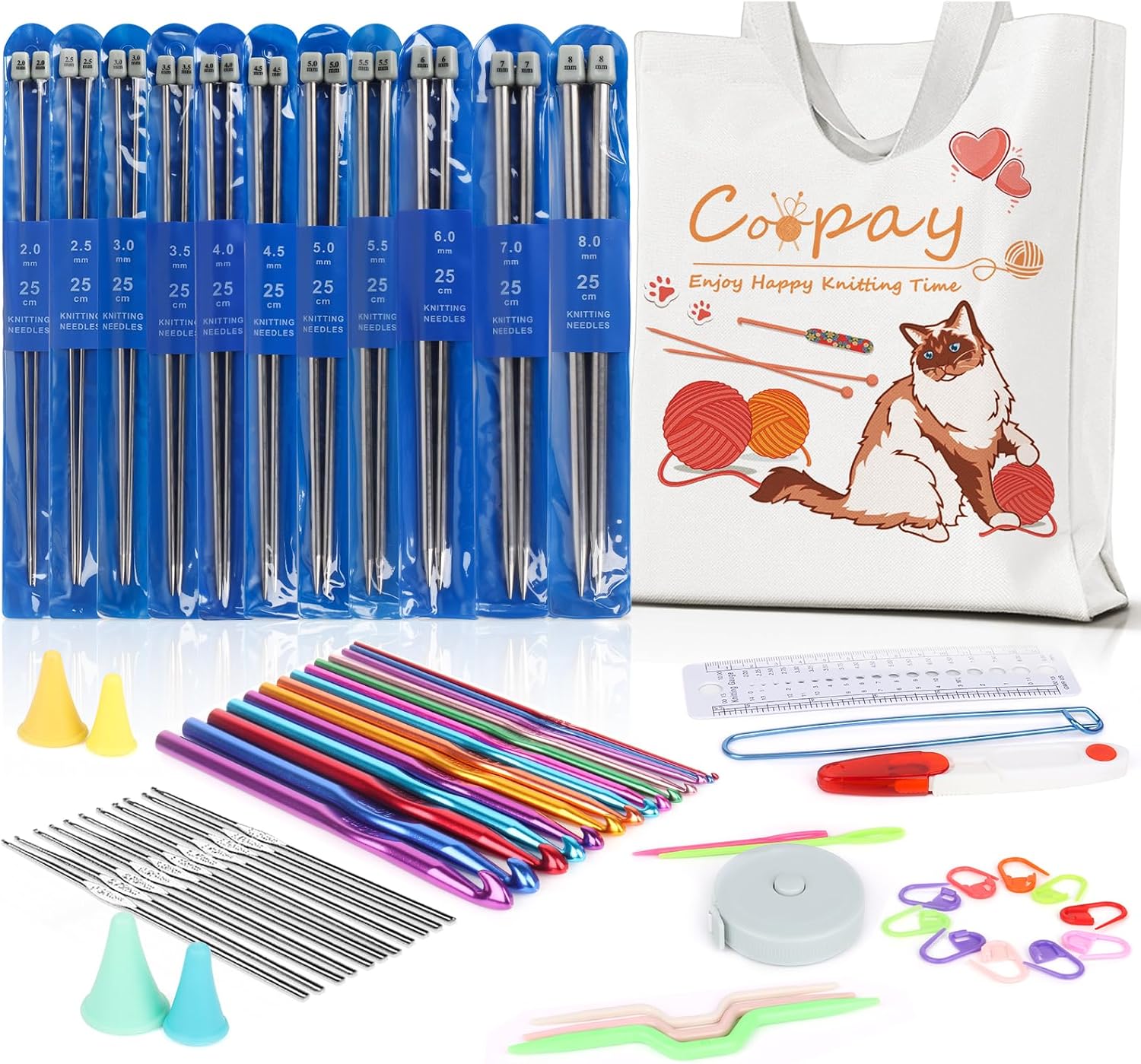 Coopay Kit de tejer 72 agujas de tejer para principiantes, el juego de inicio de tejer incluye un juego de principiantes de punto de metal de 9.8