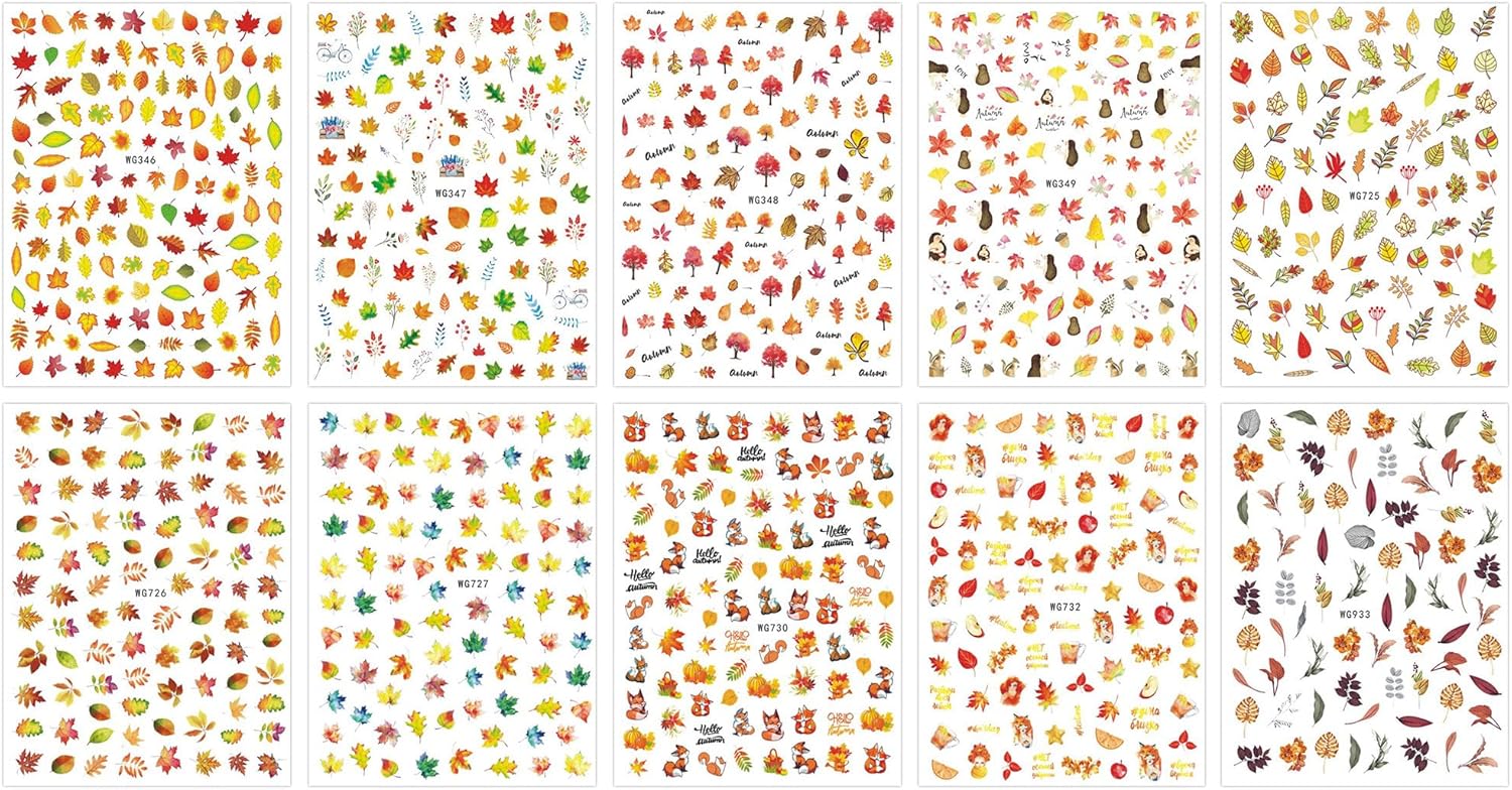 JMEOWIO 10 Sheets Fall Autumn Nail Art Stickers Decals Self-Adhesive Pegatinas Uñas Pumpkin Maple Leaf Thanksgiving Nail Supplies Nail Art Design