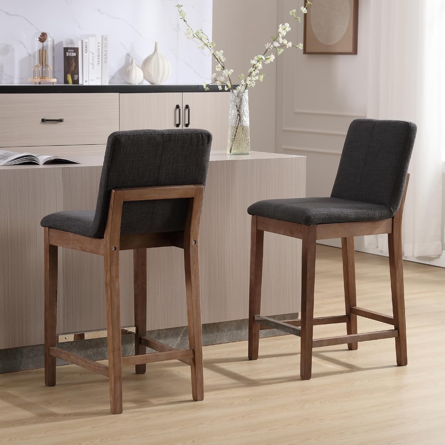 chairus Juego de 2 taburetes de bar altos de tela, taburetes de bar tapizados de lino con patas y respaldo de madera maciza para cocina, isla de