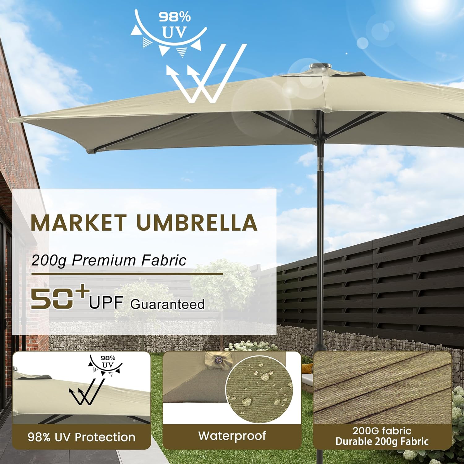 MONDAWE Paraguas rectangular de mercado con luces LED solares de 10 x 6.5 pies para exteriores, sombrilla de patio con manivela, sombrilla de mesa