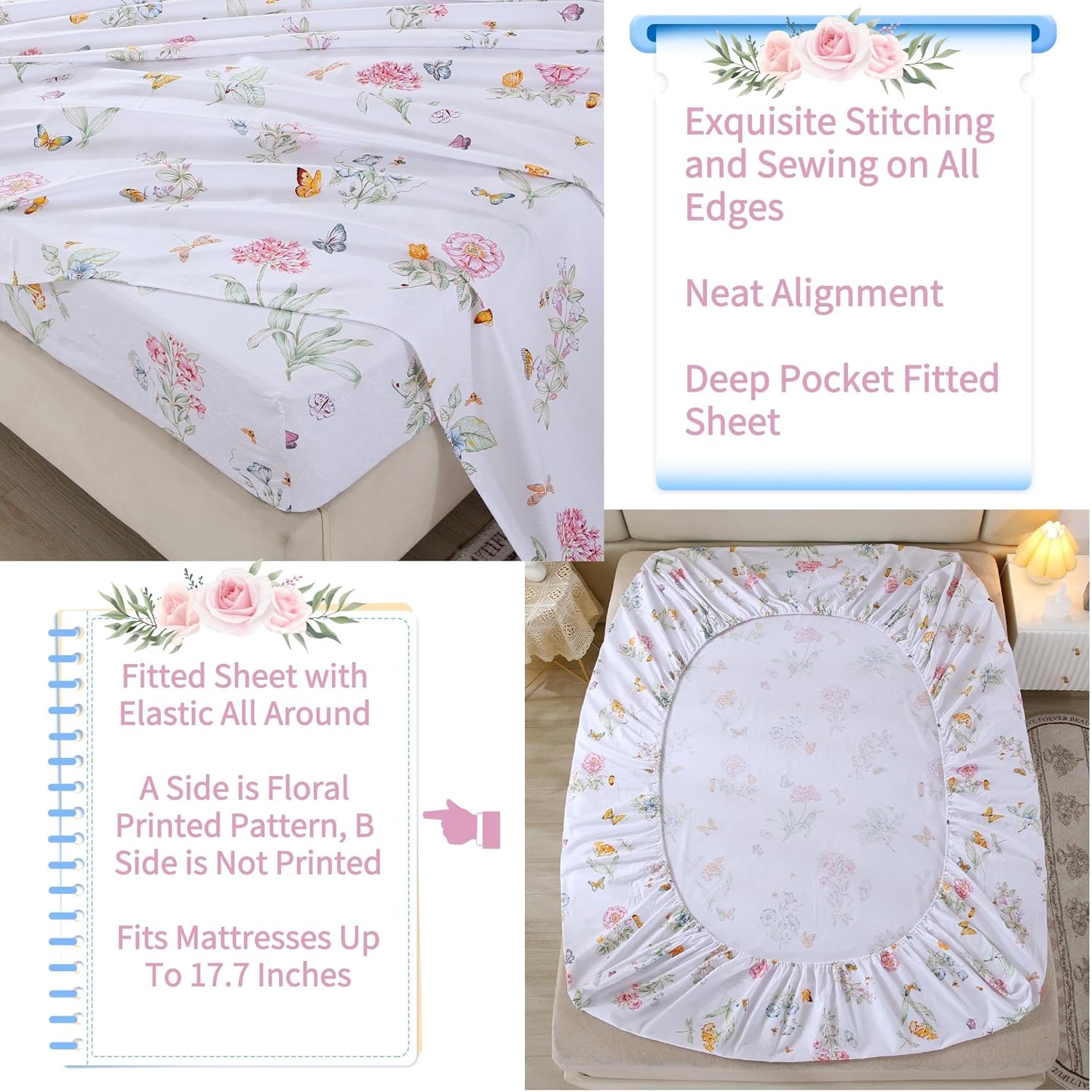 RYNGHIPY Juego de sábanas de algodón egipcio, tamaño King, diseño de flores botánicas de jardín, mariposas, con fundas de almohada, ultra suaves y
