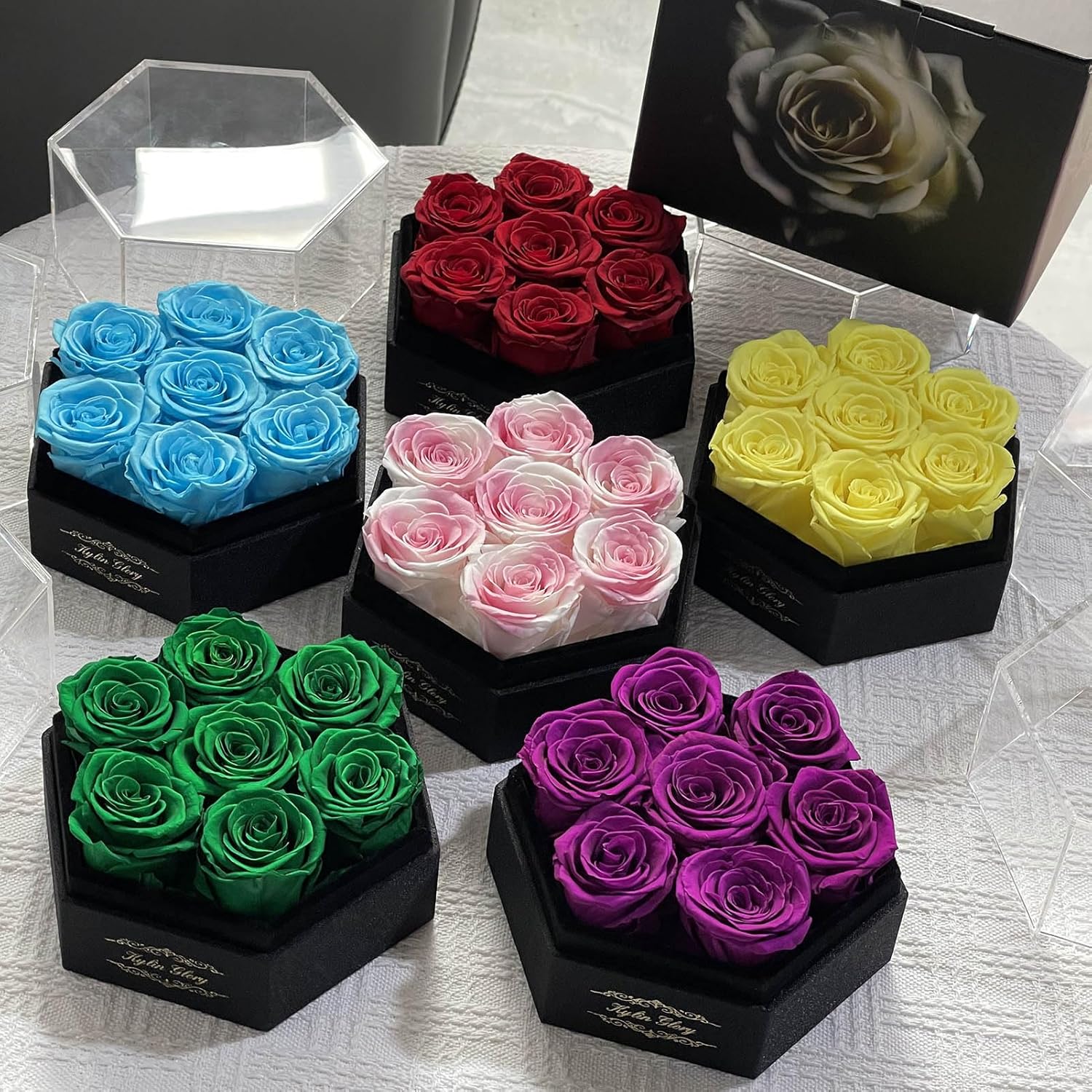Kylin Glory Rosas preservadas con cubierta acrílica hexagonal, 7 piezas Forever Flowers, frescura visible, perfectas para regalos del día de la