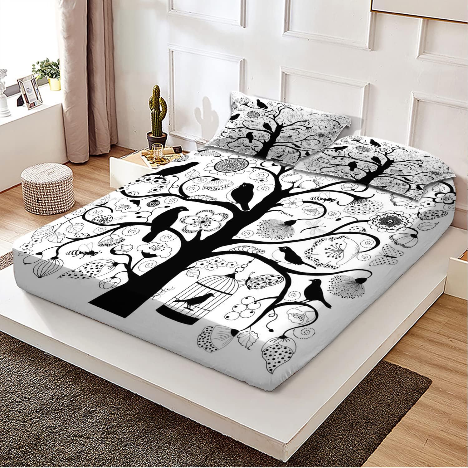 Sábana bajera con temática en blanco y negro, tamaño individualindividual XL, patrón de flores de árbol, pájaros, juego de decoración de ropa de