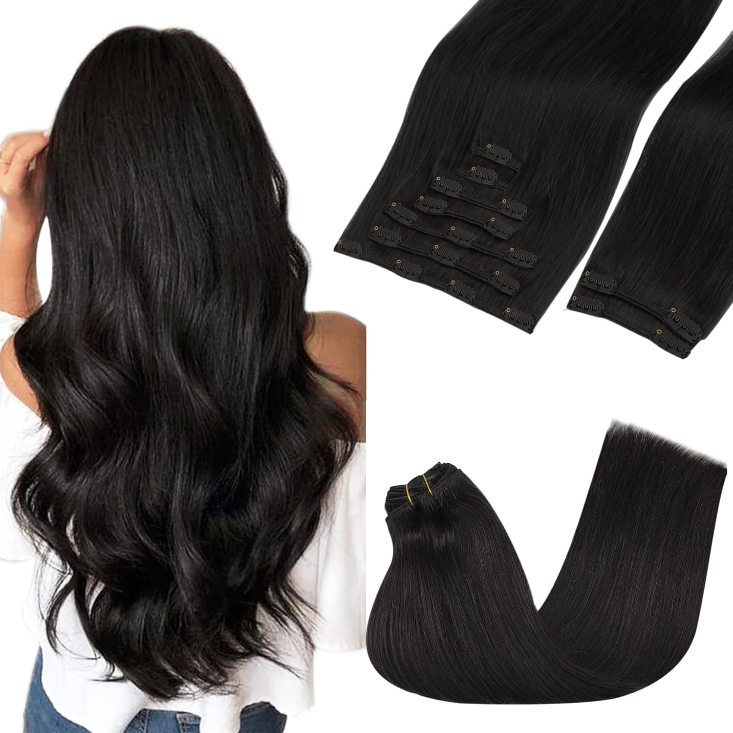 GOO GOO Extensiones de cabello humano con clip, 9 unidades, 4.53 oz, 18 pulgadas, extensiones de cabello Remy negro natural, extensiones de cabello