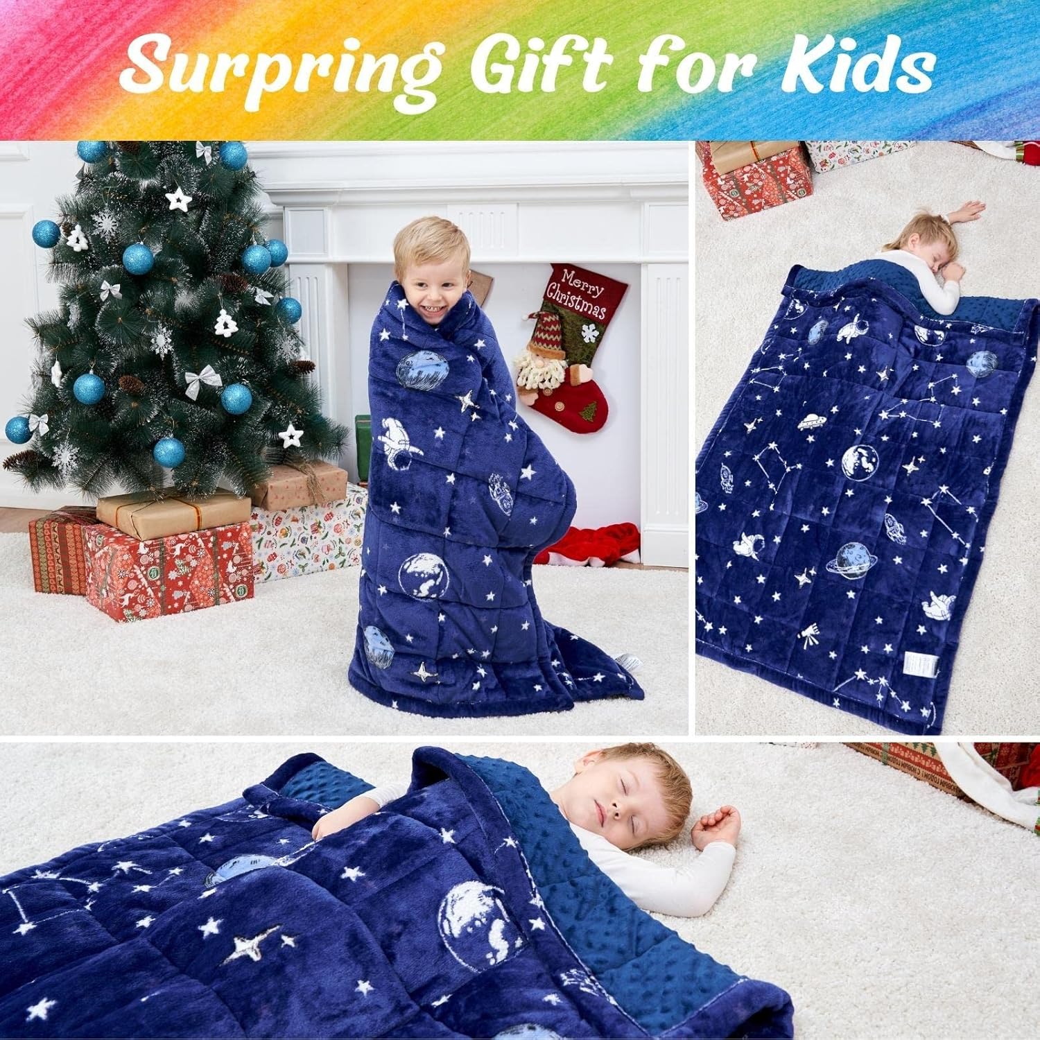 Bood Manta con peso de forro polar brillante de 3 libras para niños pequeños, manta con peso que brilla en la oscuridad, manta con peso de 3 libras,