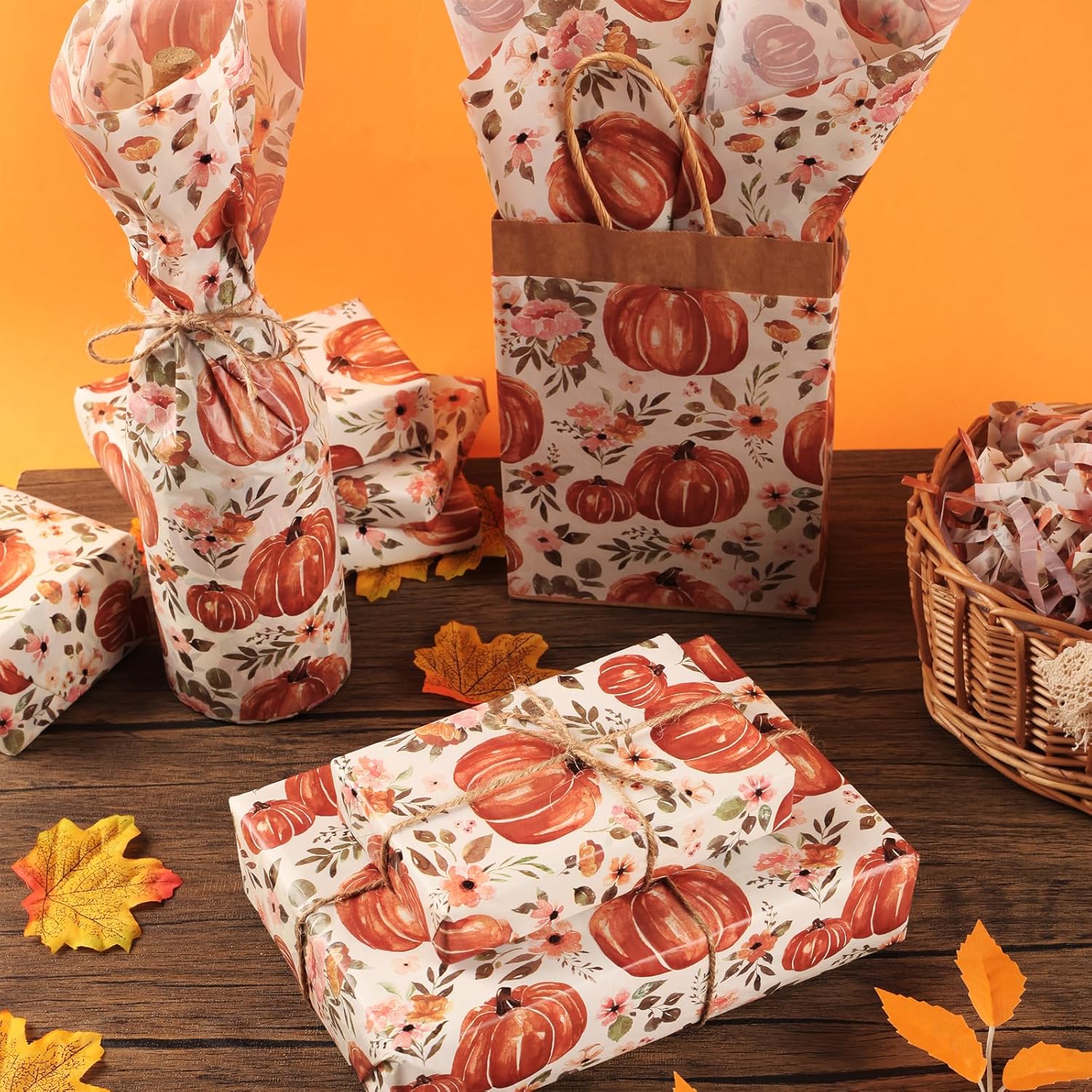 100 hojas de papel de seda de otoño de 20 x 14 pulgadas para bolsas de regalo, papel de envoltura de regalo con estampado floral de calabaza para el