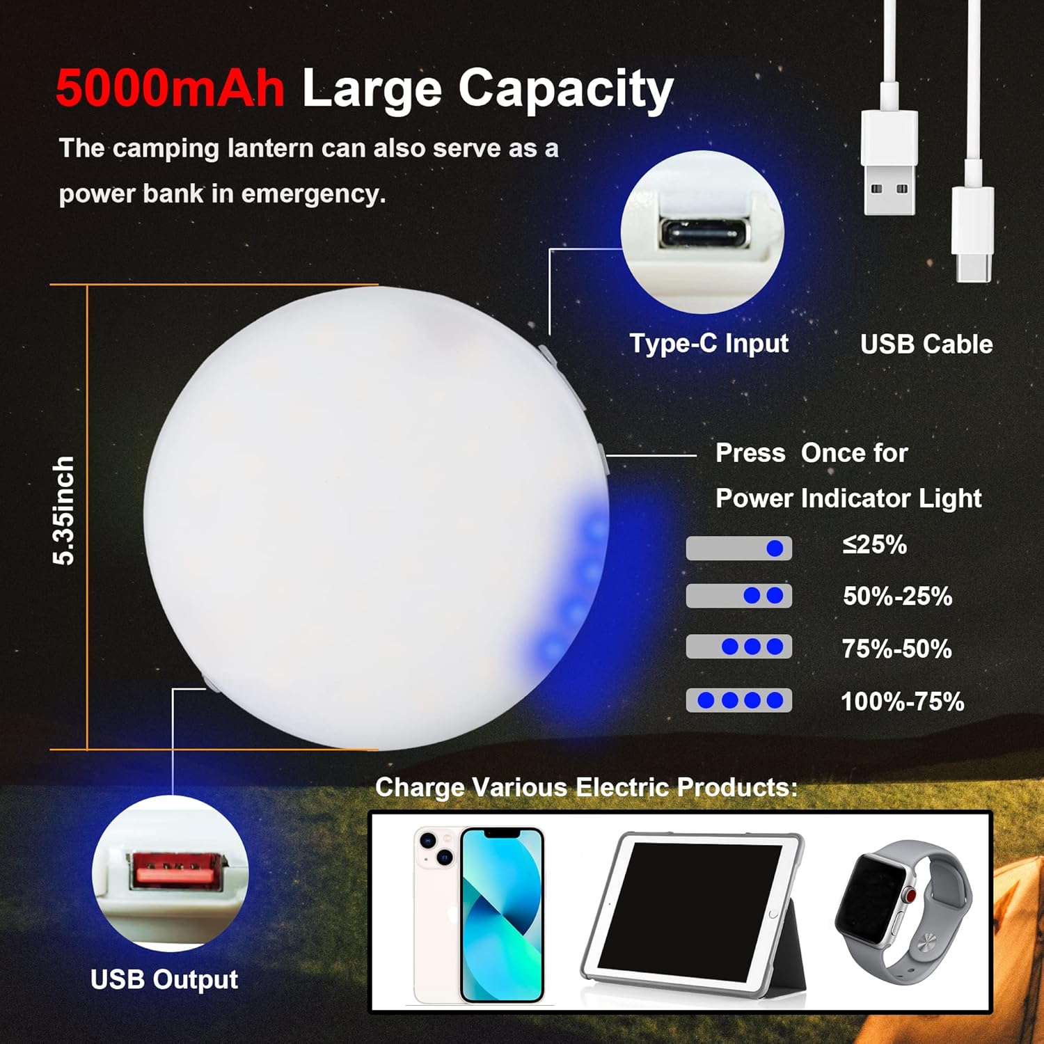 Linterna de campamento recargable, luz magnética para tienda de campaña con control remoto, 4 modos de luz, luz regulable IP54, resistente al agua,