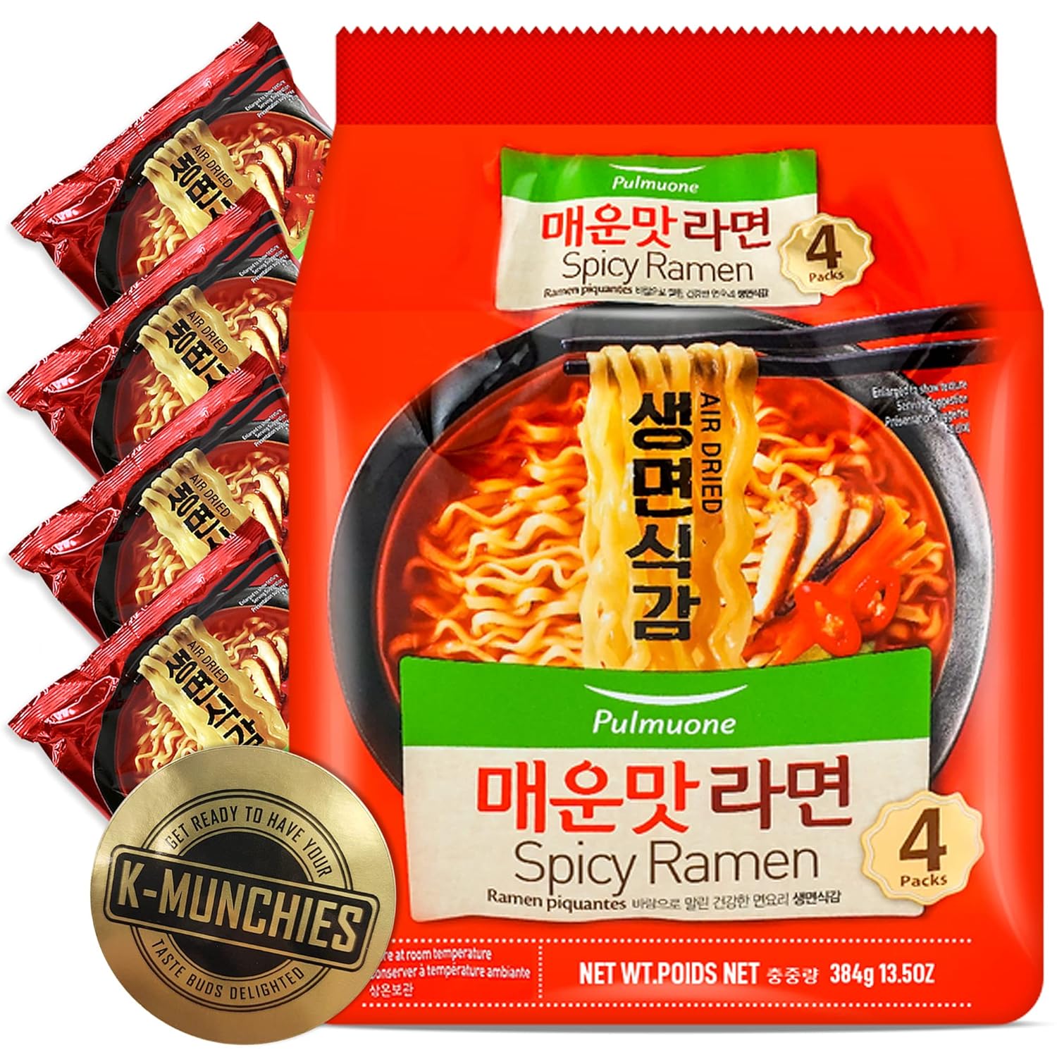 Pulmuone – Fideos coreanos Ramyun no fritos, paquete de 4 fideos instantáneos coreanos sabor picante, fácil de cocinar, auténtico ramen coreano con