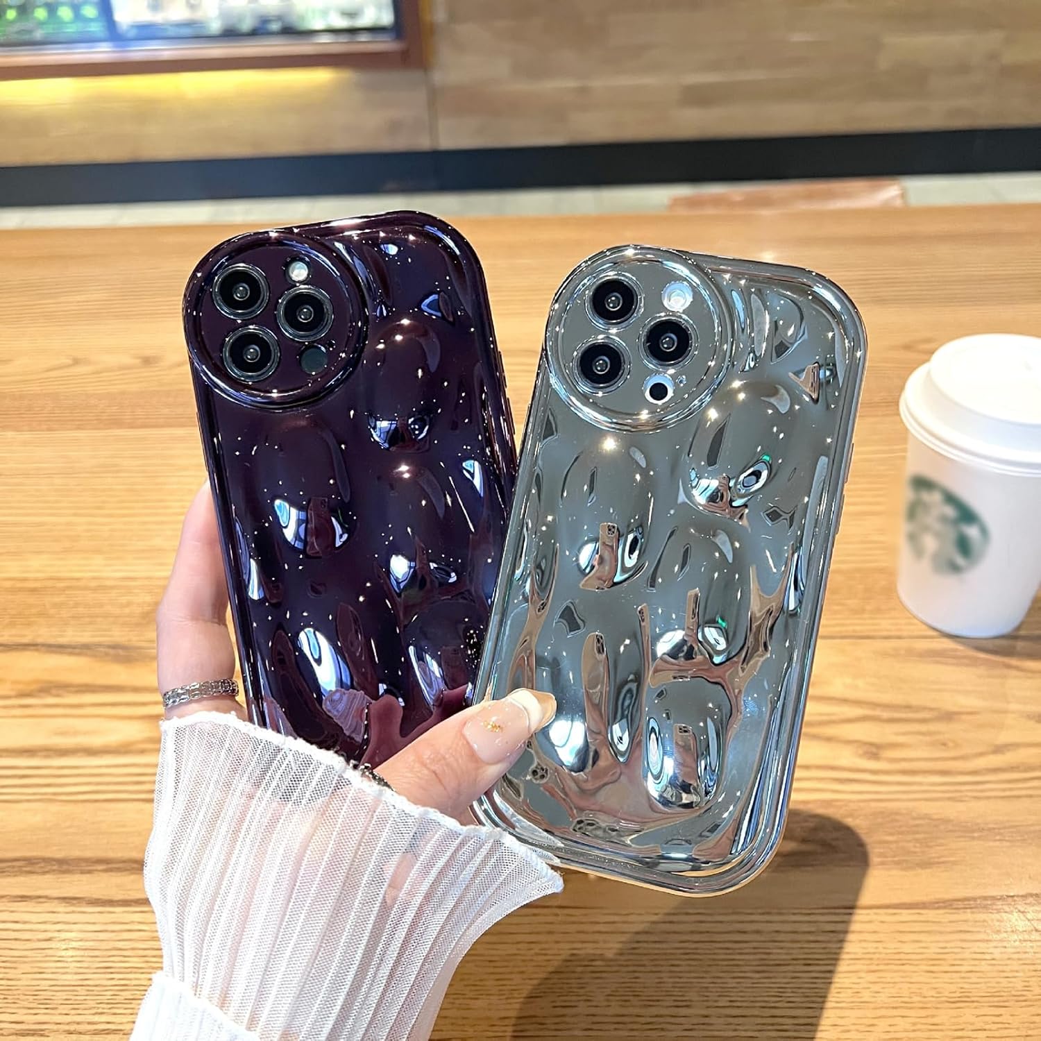 Uioeua – Funda compatible con iPhone 13 Pro Max 3D, bonita funda de lujo con forma de onda con purpurina láser con protector completo de lente de