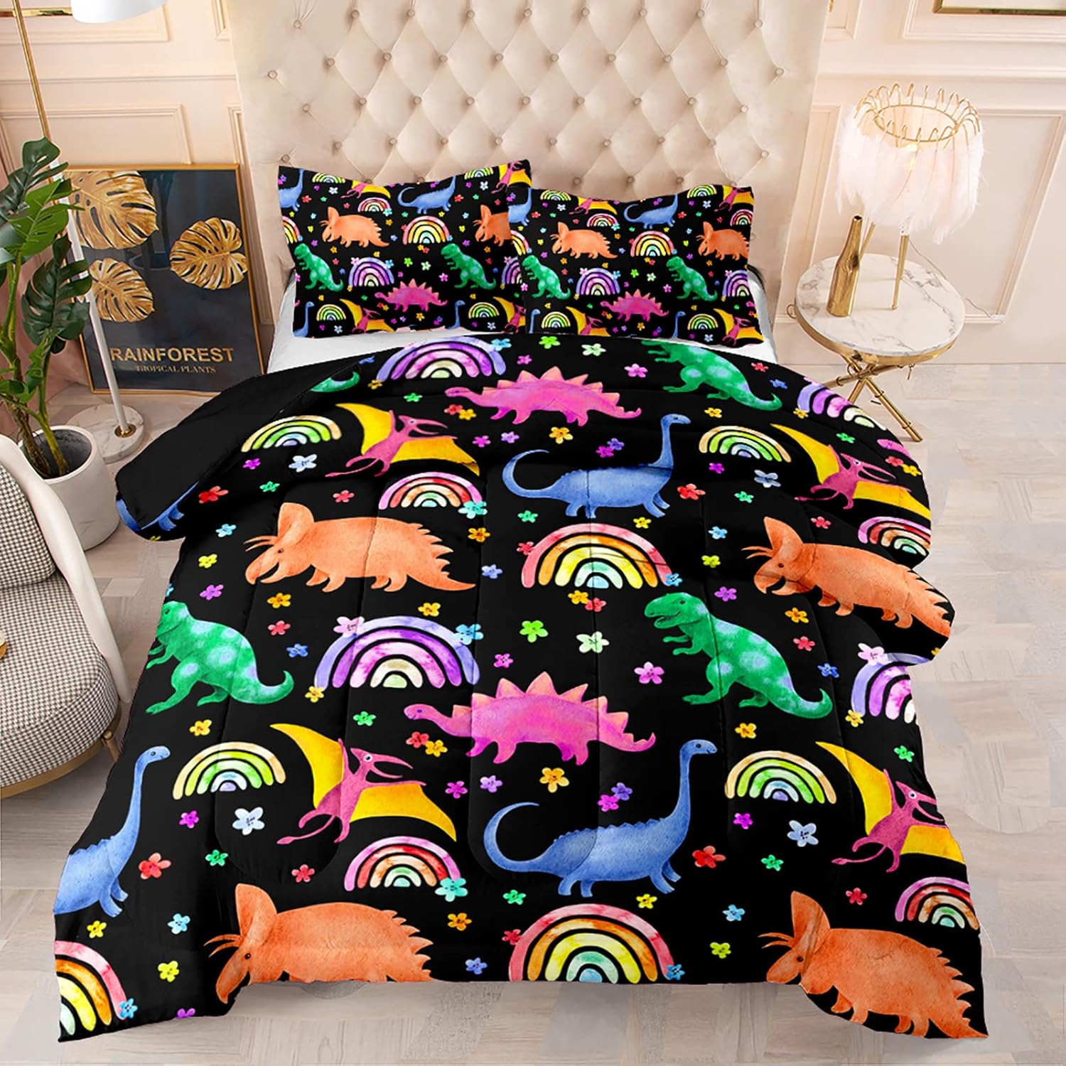 Juego de edredón de dinosaurio arcoíris para niños, colorido juego de ropa de cama para niños, edredón de dinosaurio de dibujos animados con flores